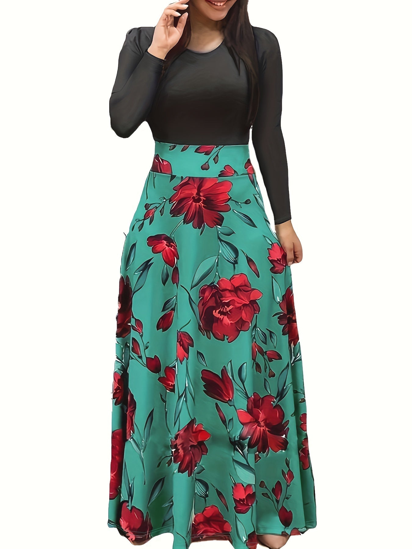 Floral Print Long Sleeve Dress, Elegant Crew Neck Pleated Maxi Dress, Women's Clothing