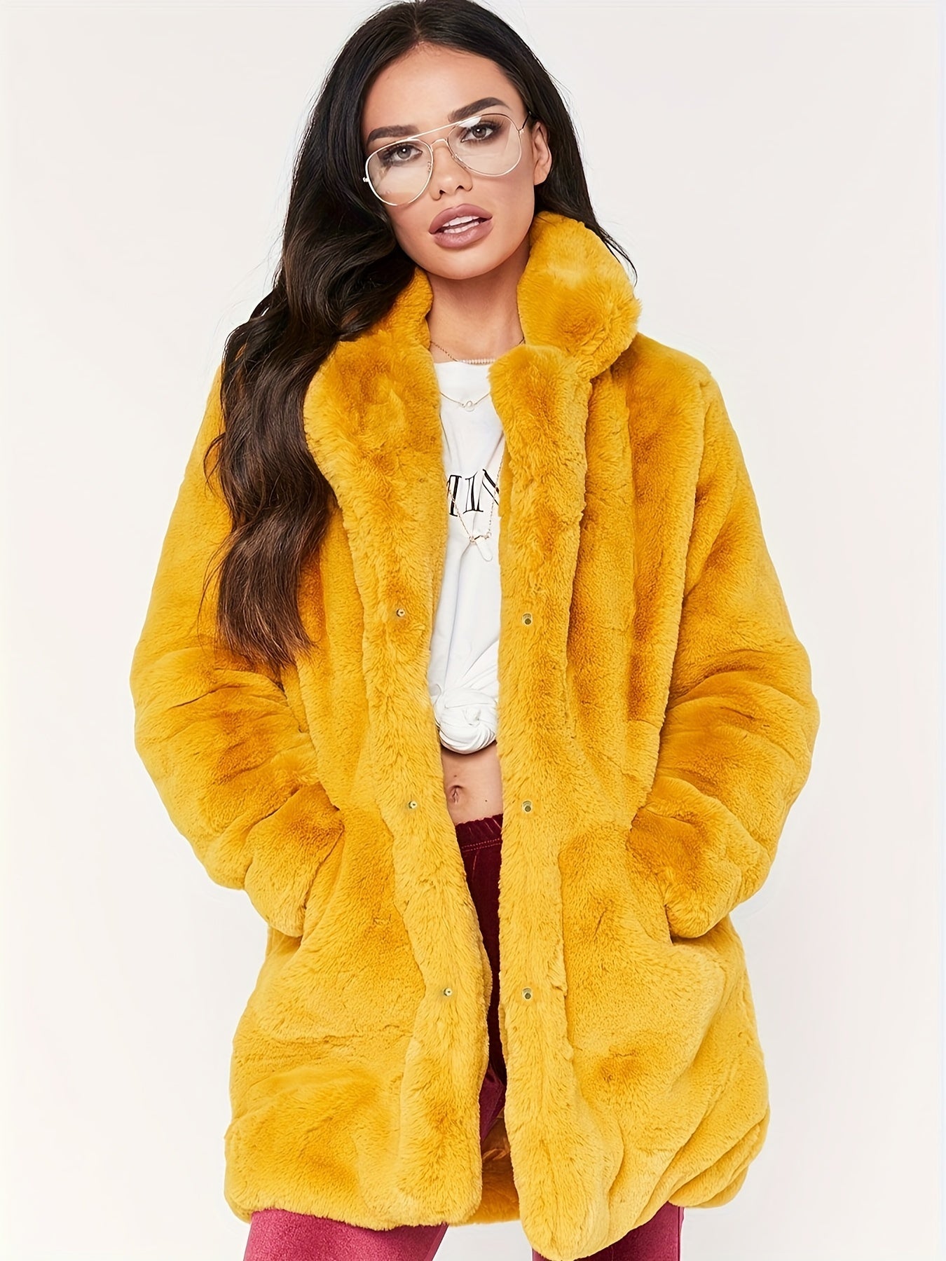 Plus Size Elegant Coat, Women's Plus Solid Teddy Fleece Button Up Long Sleeve Lapel Collar Coat