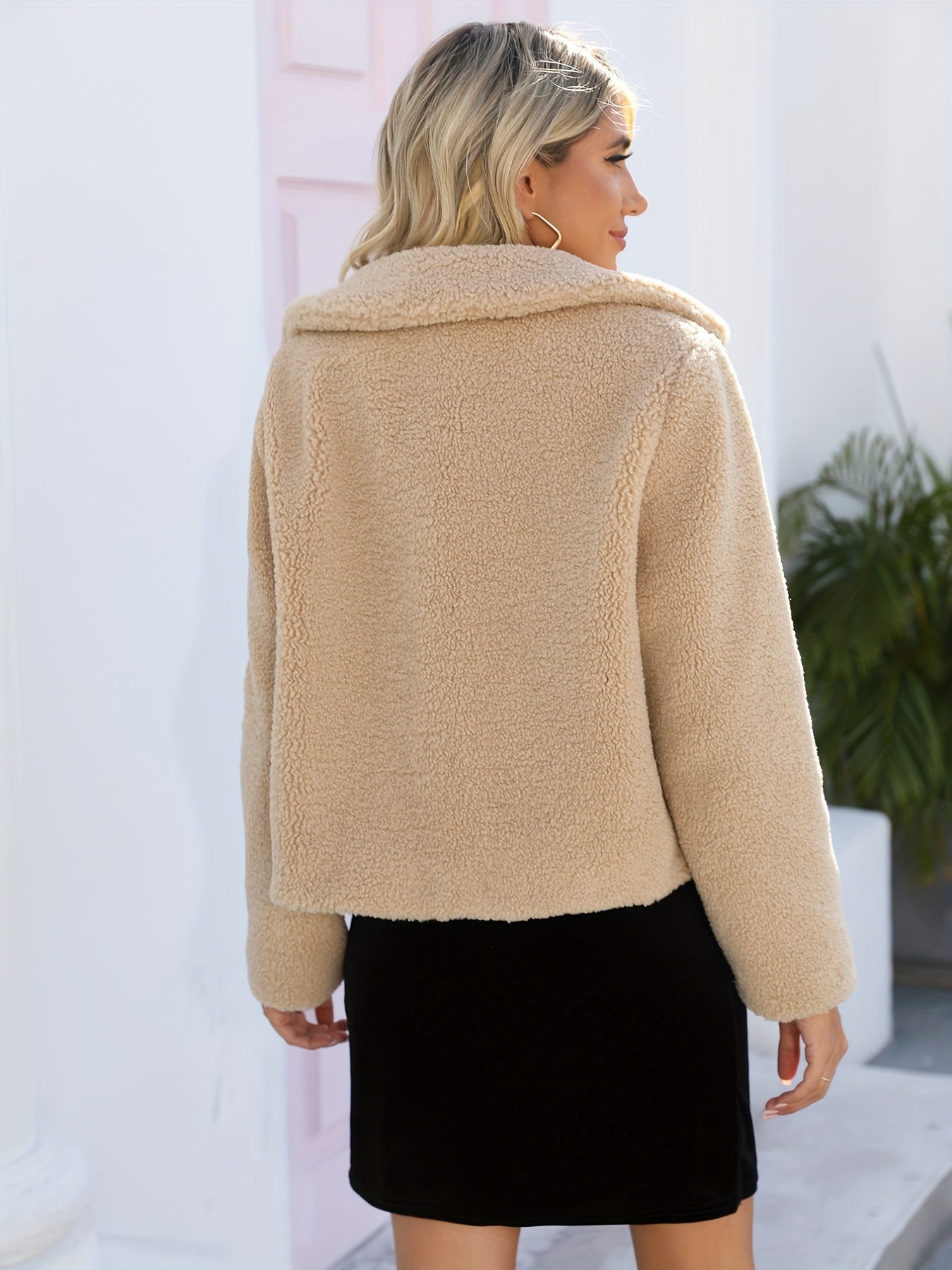 gbolsos Solid Warm Teddy Coat, Casual Open Front Long Sleeve Winter Outerwear, Women's Clothing