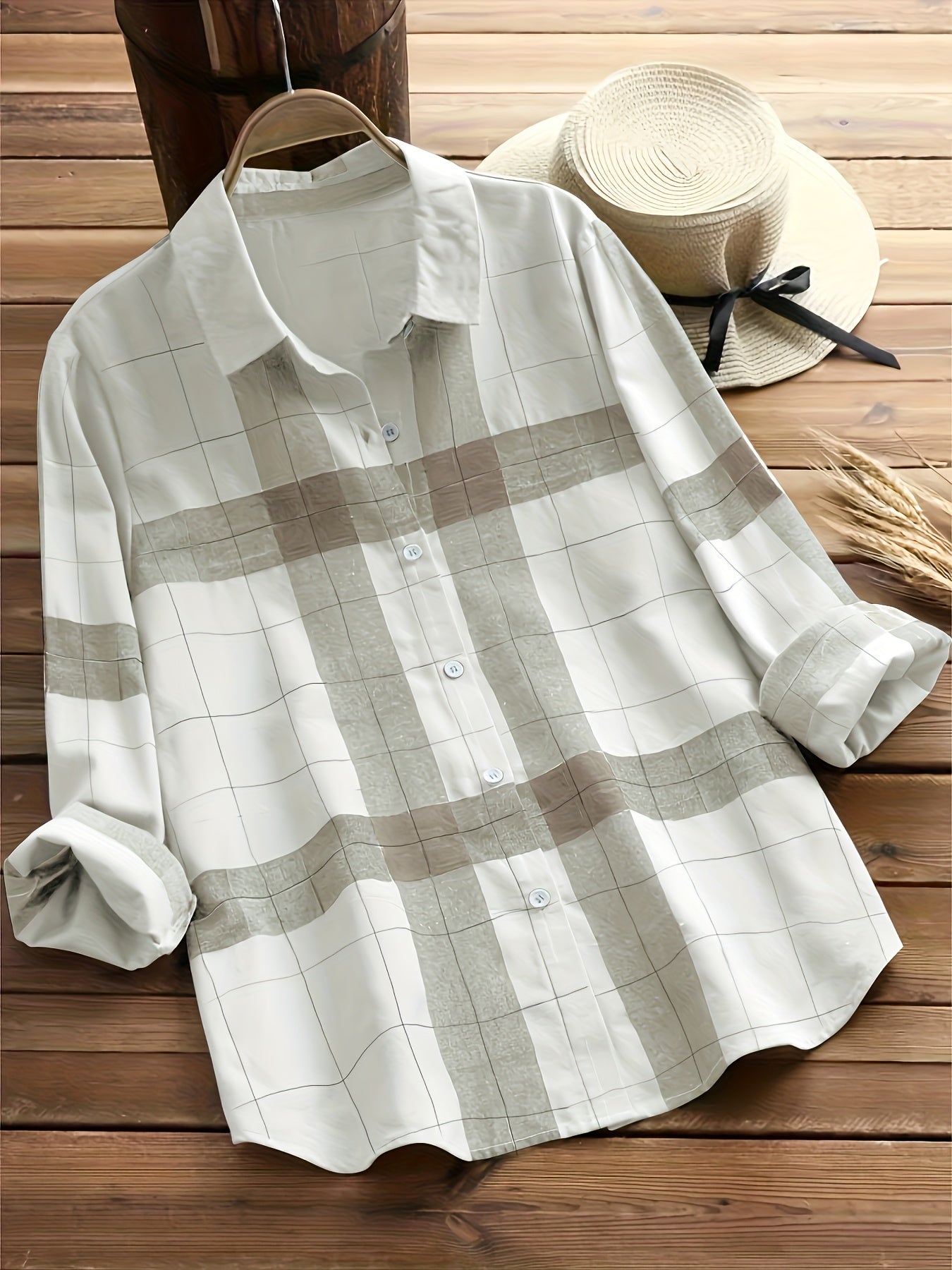 Plaid Print Shirt, Casual Button Front Long Sleeve Collar Shirt, Women's Clothing