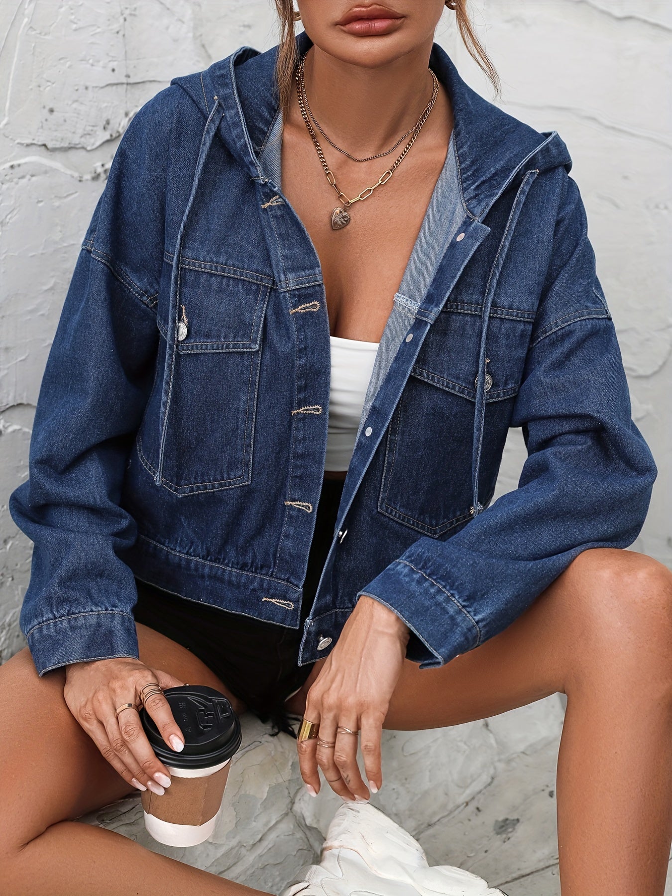 gbolsos Plain Hooded Cropped Denim Coats, Single-Breasted Button Long Sleeves Flap Pockets Denim Jackets, Women's Denim Clothing
