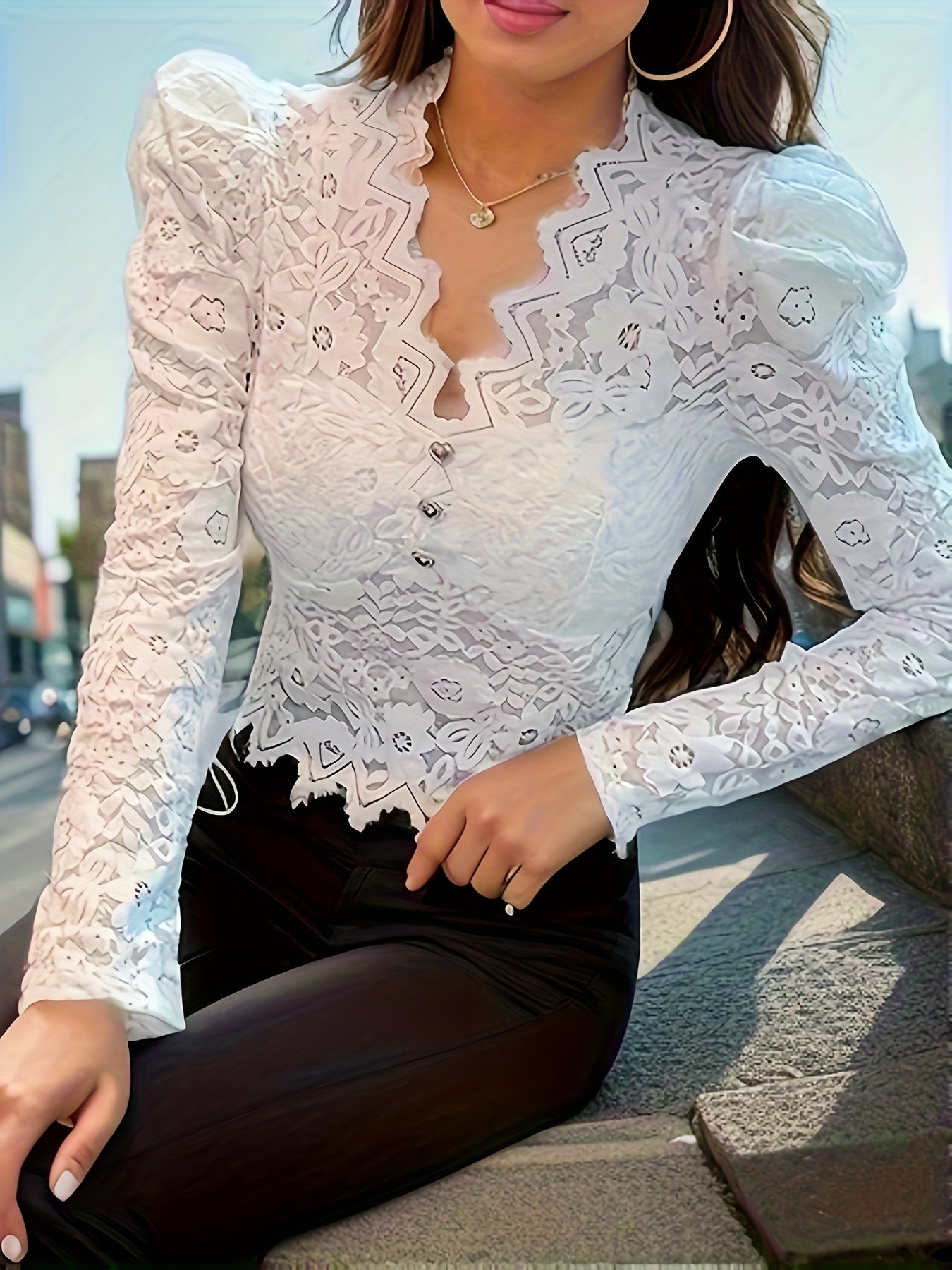 gbolsos Floral Pattern Heart Button Decor Lace T-Shirt, Elegant V Neck Long Sleeve Top For Spring & Fall, Women's Clothing
