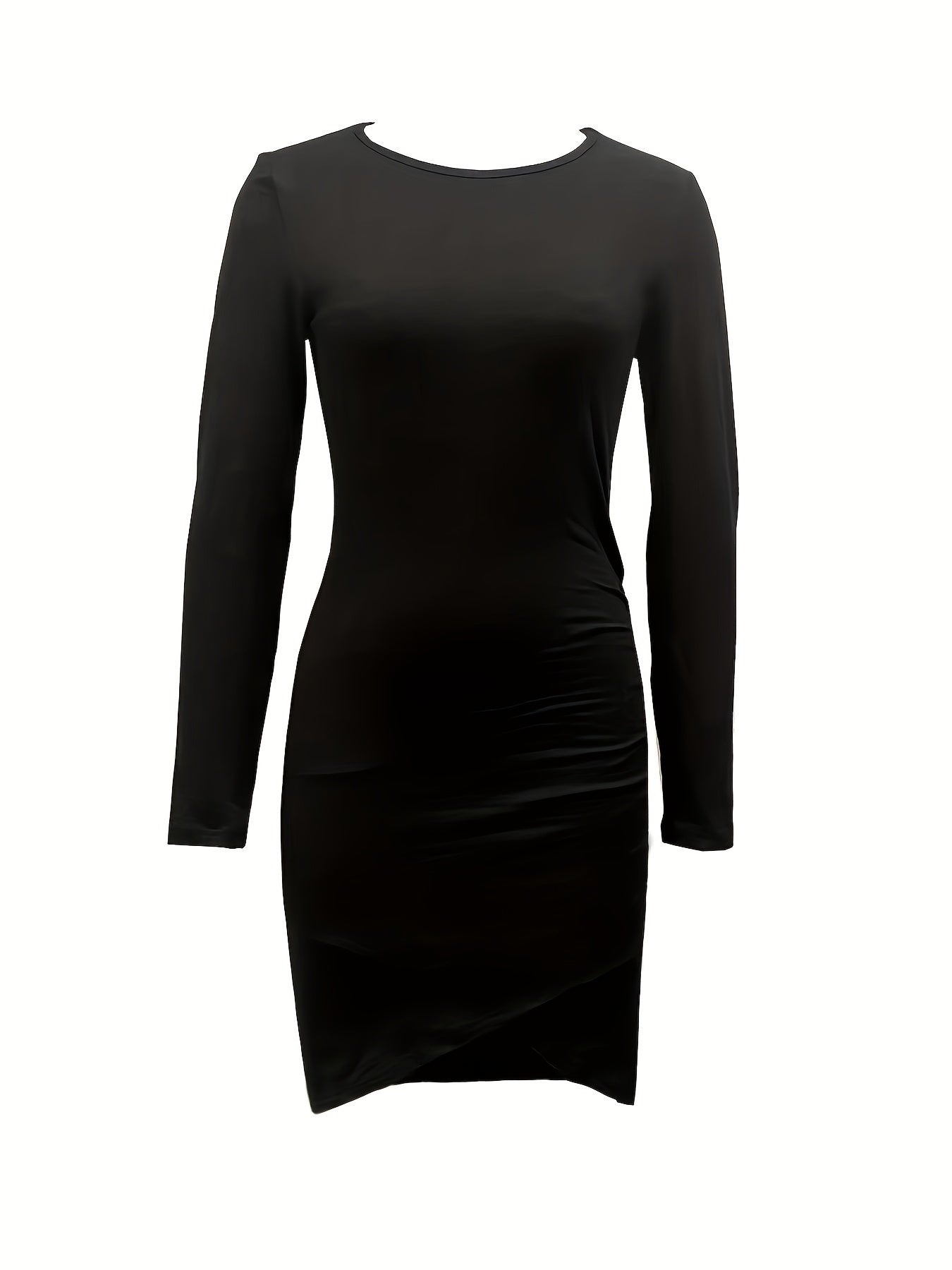 gbolsos Solid Ruched Dress, Elegant Asymmetrical Hem Long Sleeve Dress, Women's Clothing