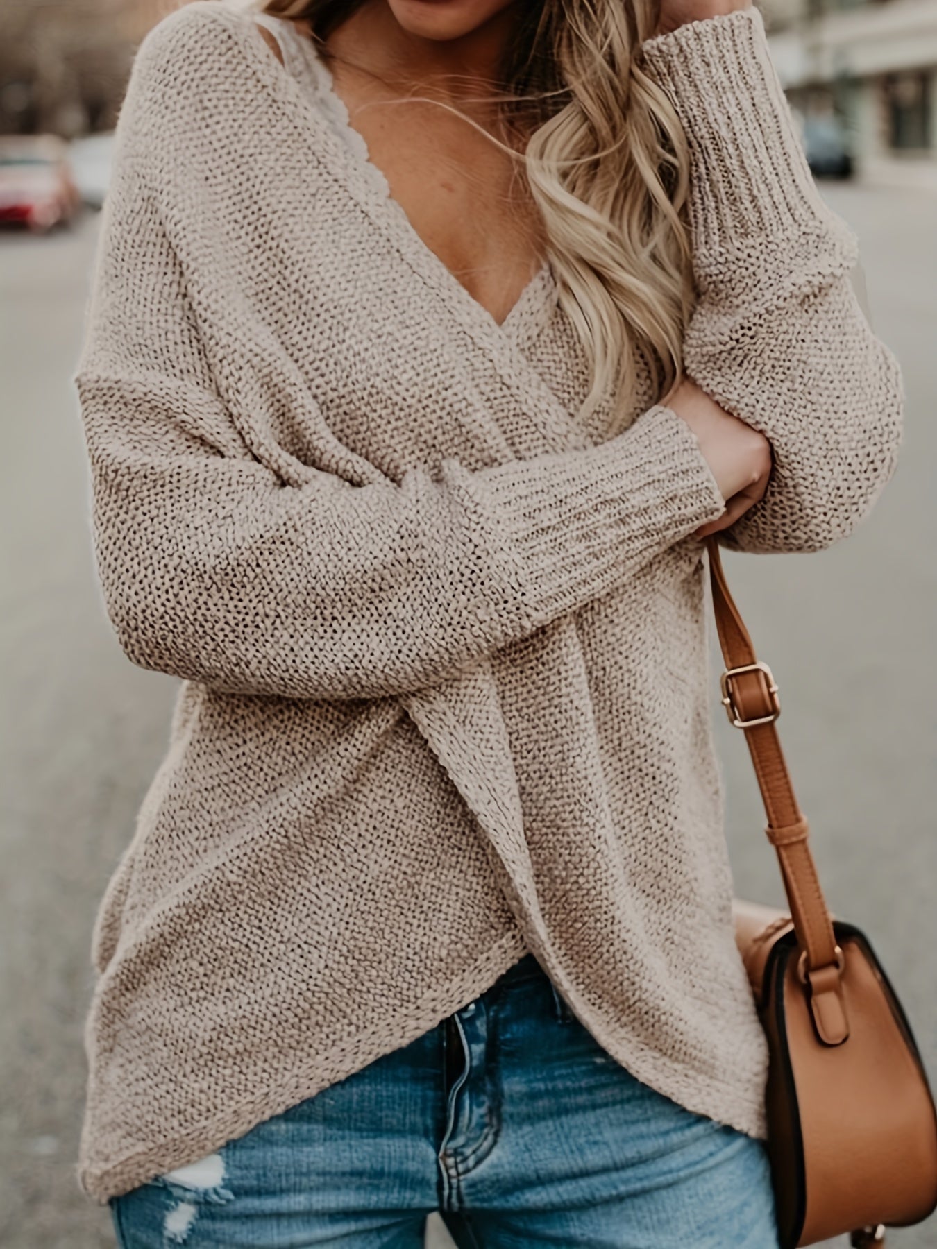 gbolsos Solid Surplice Neck Cross Front Sweater, Casual Long Sleeve Sweater For Spring & Fall, Women's Clothing