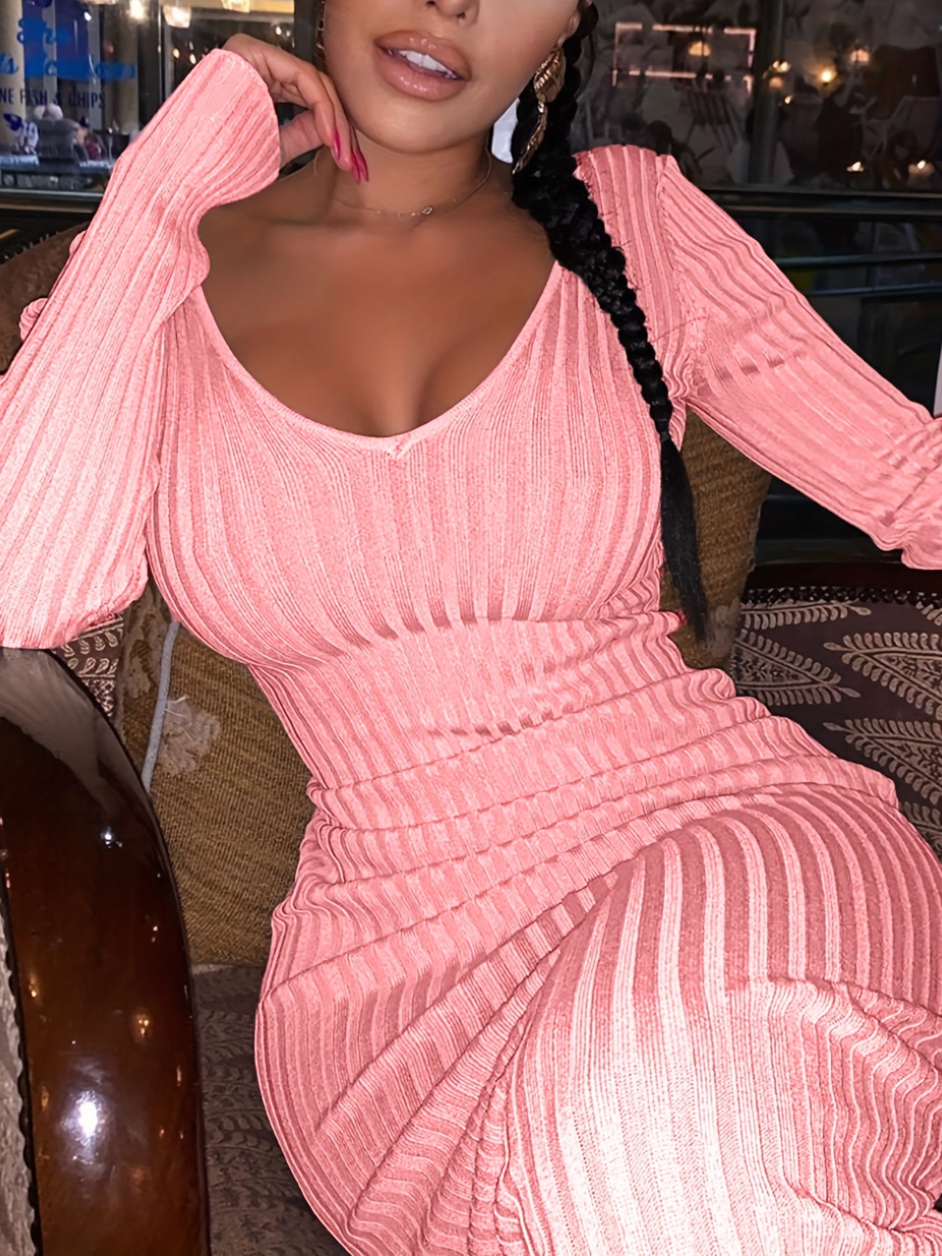 gbolsos Off Shoulder Bodycon Dress, Elegant Backless Long Sleeve Dress, Women's Clothing