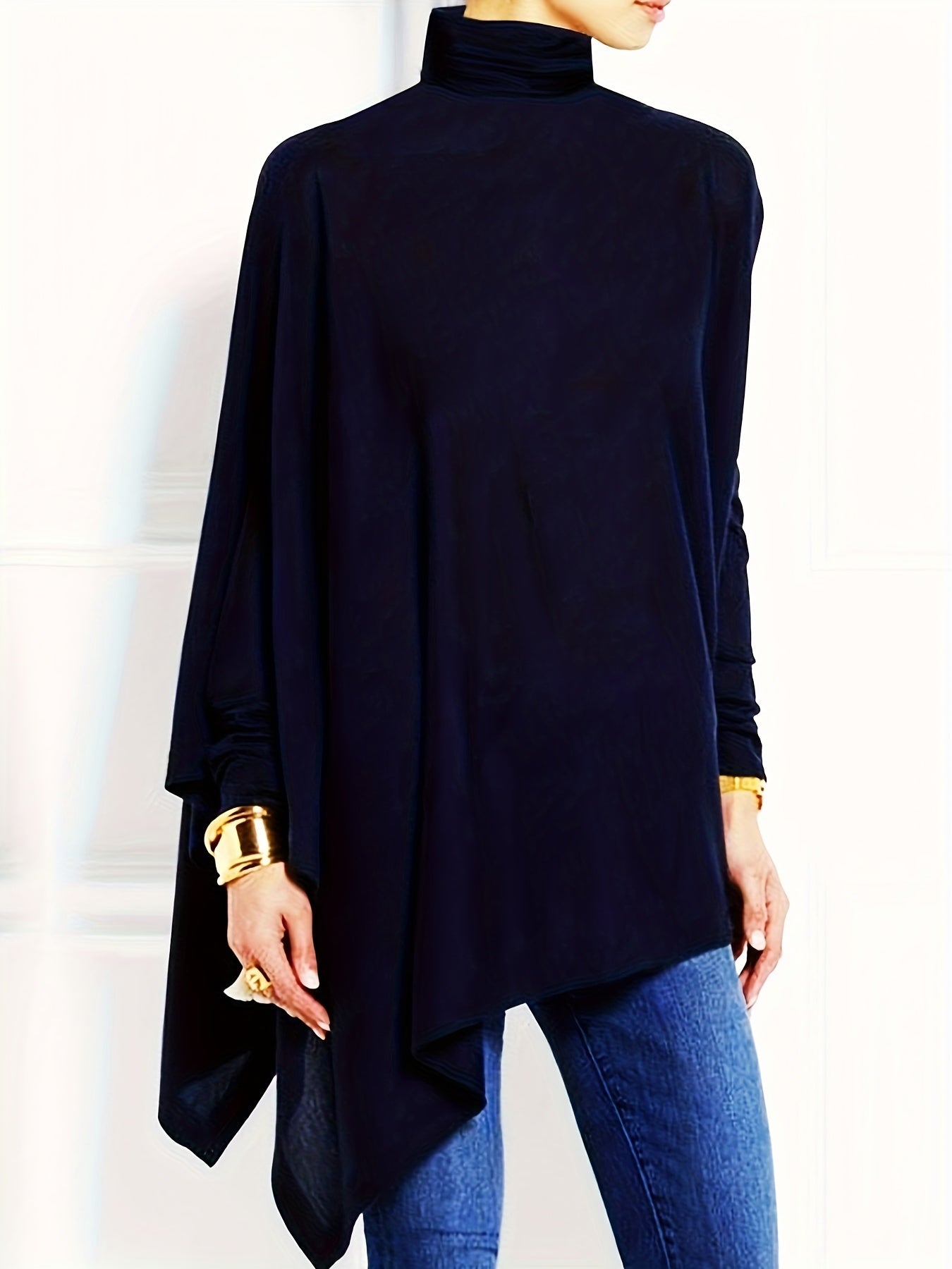 gbolsos Solid Turtleneck T-Shirt, Casual Long Sleeve Top For Spring & Fall, Women's Clothing