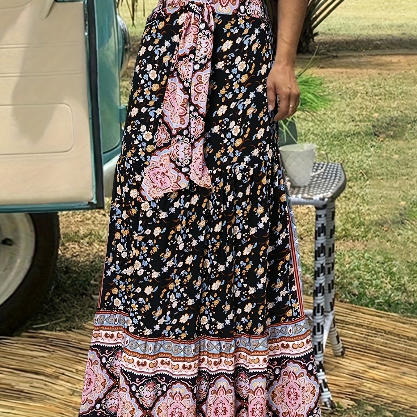 Floral Print Tie Front Skirt, Boho Skirt For Spring & Summer, Women's Clothing