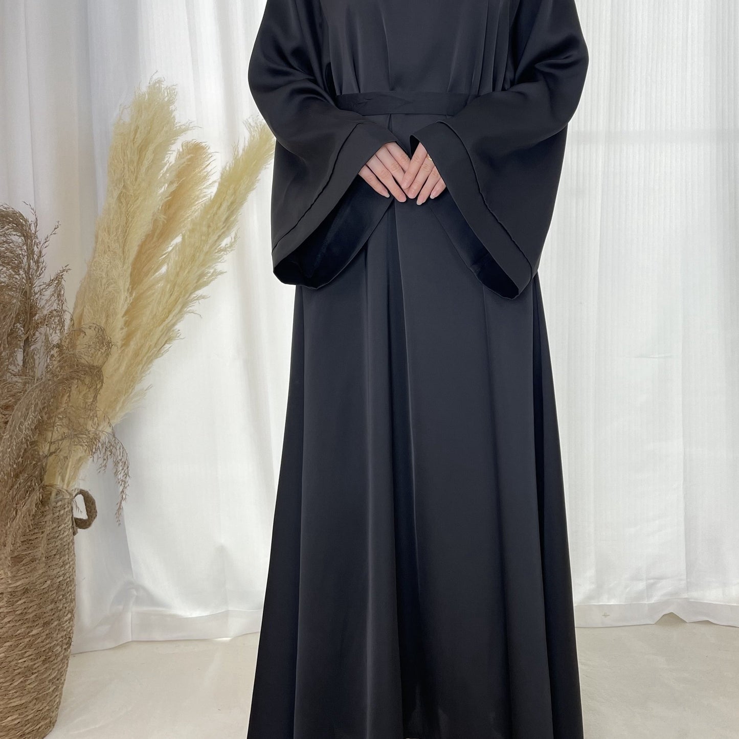 Solid Maxi Kaftan Abaya, Modest Crew Neck Long Sleeve Abaya, Women's Clothing