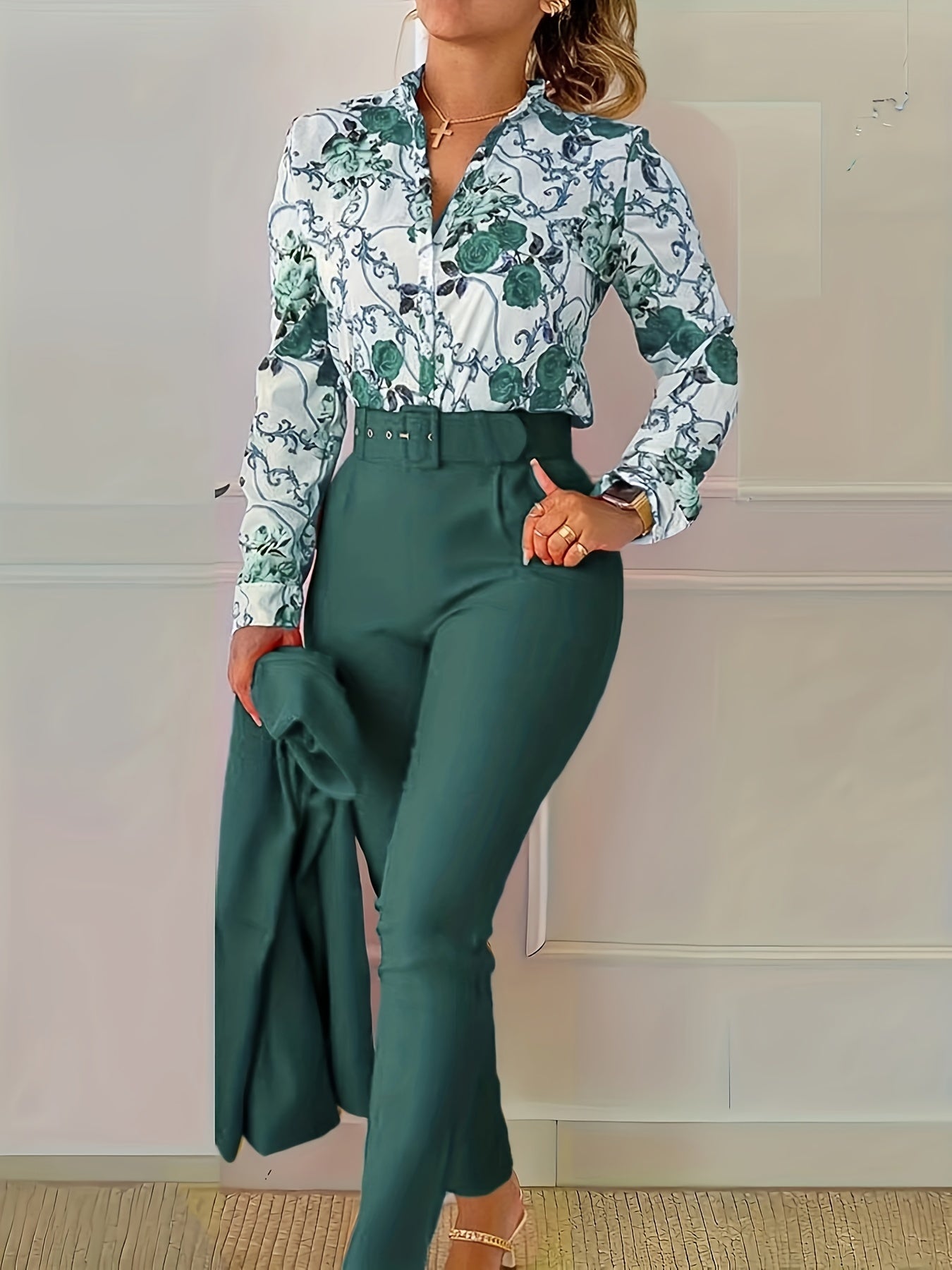 gbolsos Elegant Two-piece Set, Floral Print V Neck Long Sleeve Blouse & Solid Belted Tapered Pants Outfits, Women's Clothing