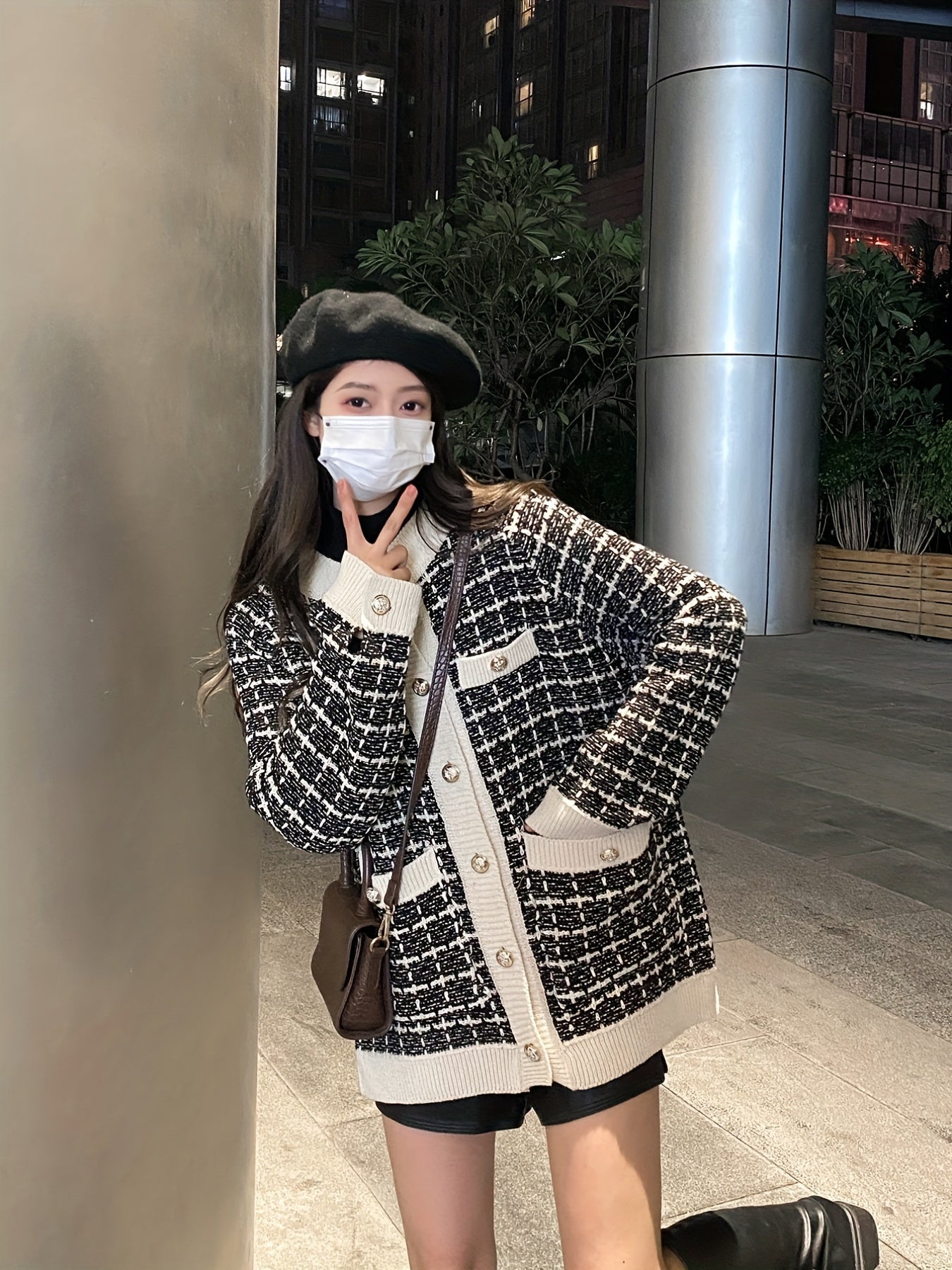 gbolsos Preppy Plaid Pattern Button Up Pocket Cardigan, Casual Long Sleeve Cardigan For Fall & Winter, Women's Clothing