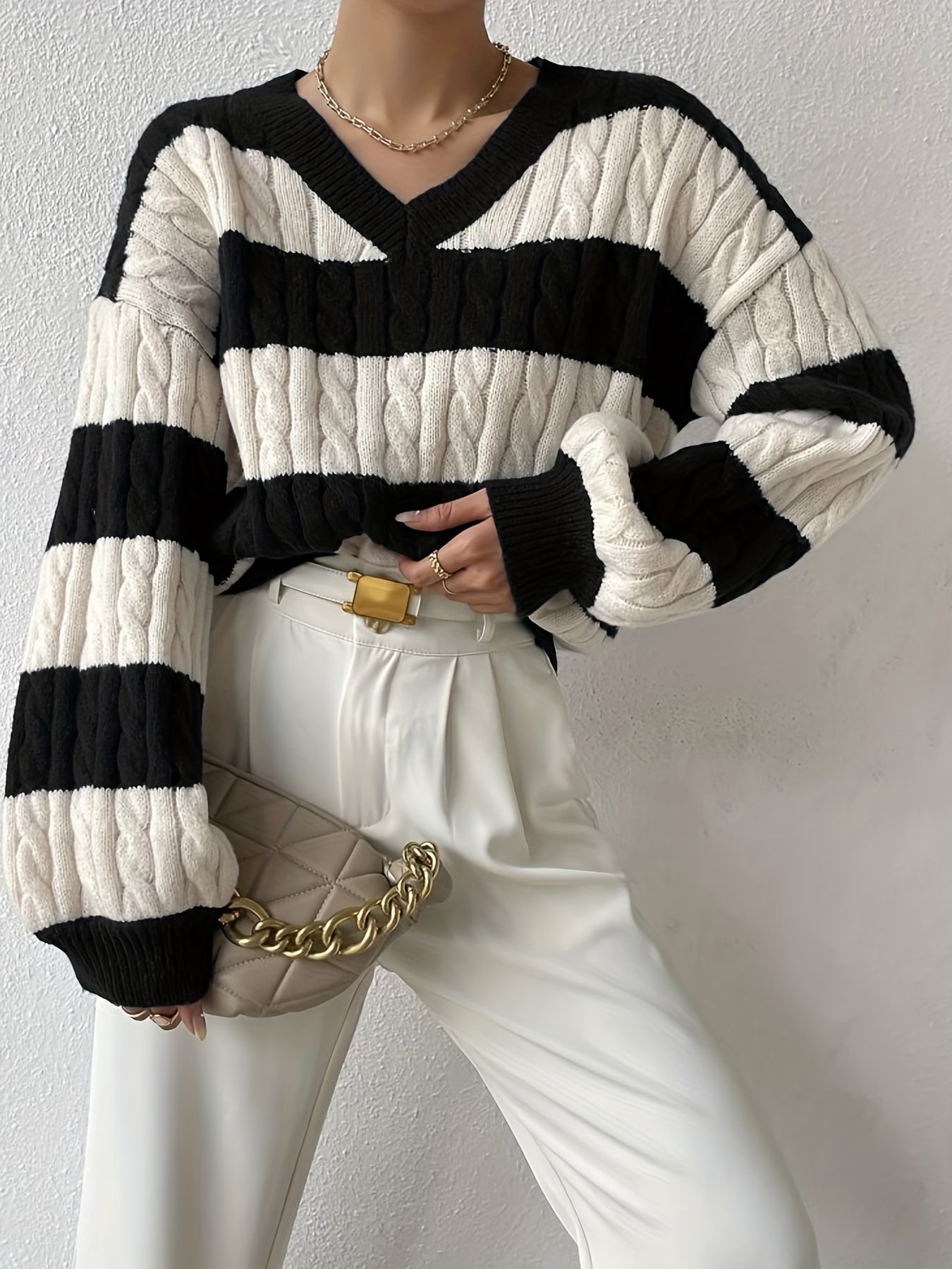gbolsos Color Block Drop Shoulder Sweater, Casual Long Sleeve Sweater For Fall & Winter, Women's Clothing