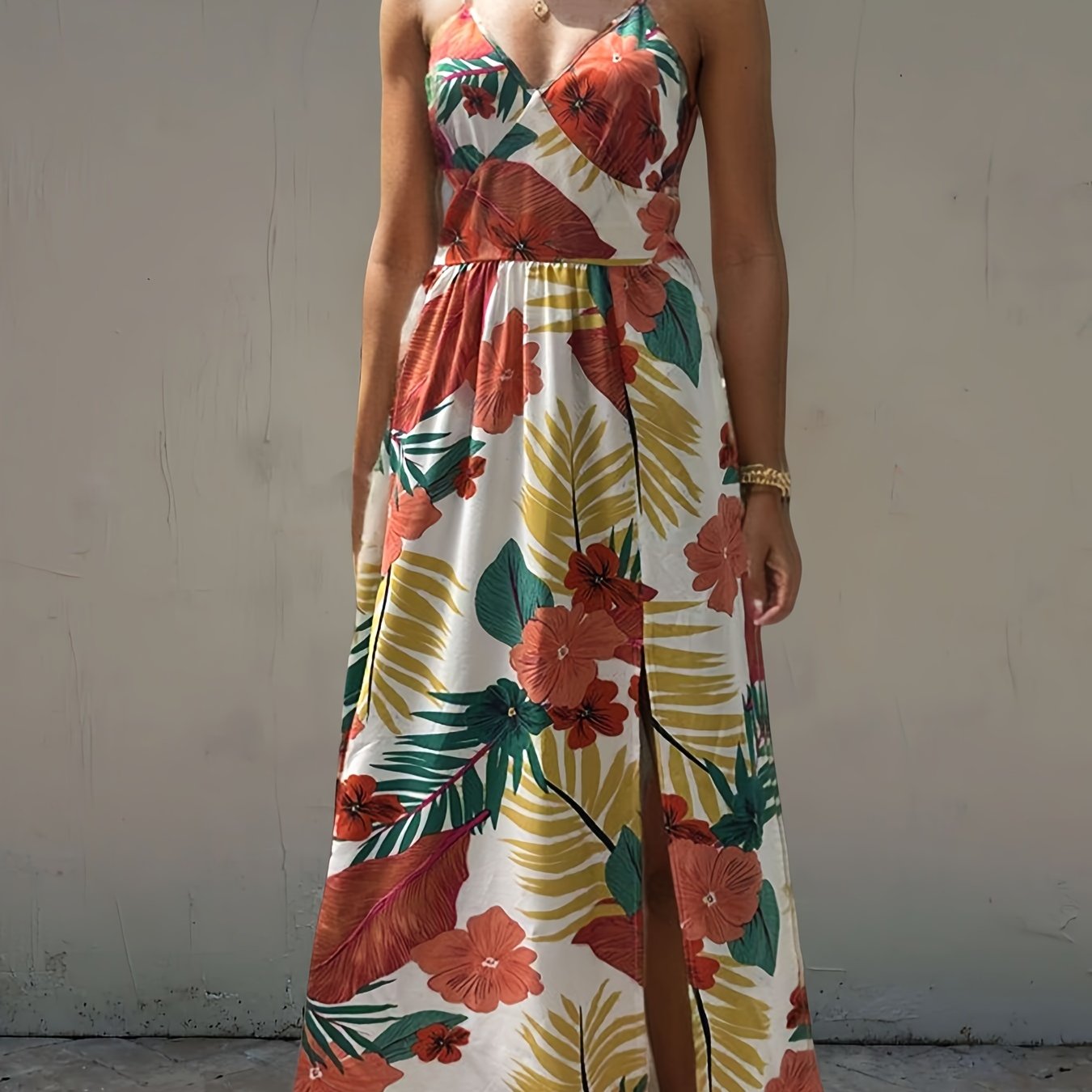 gbolsos Tropical Print Cami Dress, Vacation Split Thigh Sleeveless Summer Maxi Dress, Women's Clothing
