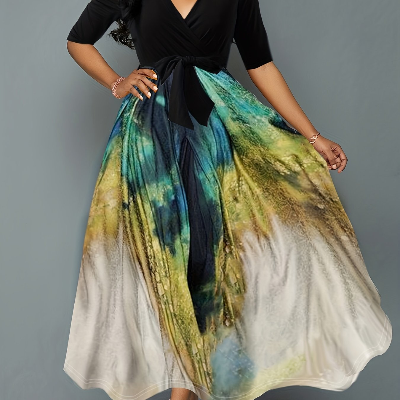 gbolsos Graphic Print Plunging Dress, Elegant Short Sleeve Maxi Dress, Women's Clothing