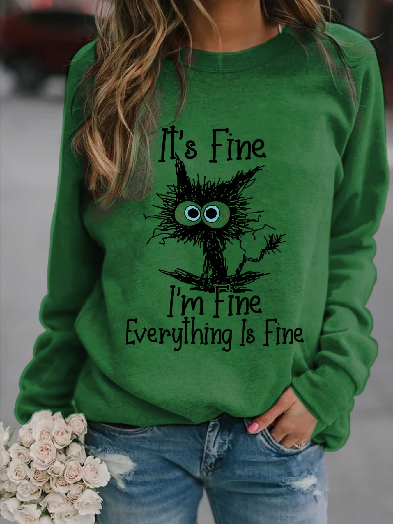 gbolsos It's Fine Cartoon Cat Print Sweatshirt, Long Sleeve Crew Neck Casual Sweatshirt For Winter & Fall, Women's Clothing