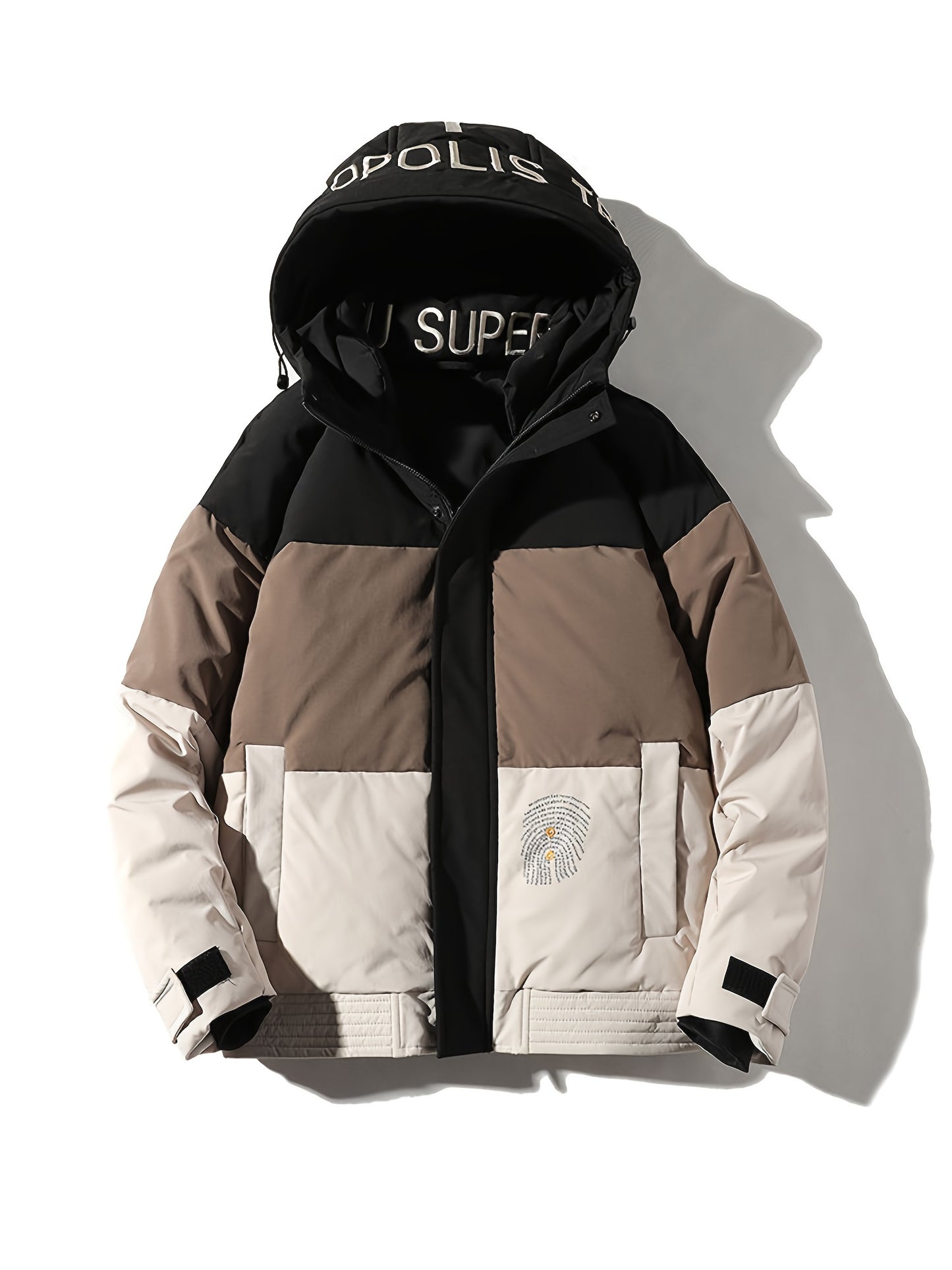 gbolsos Warm Lightweight Puffer Color Block Hooded Jackets, Men's Casual Classic Design Outwears For Fall Winter