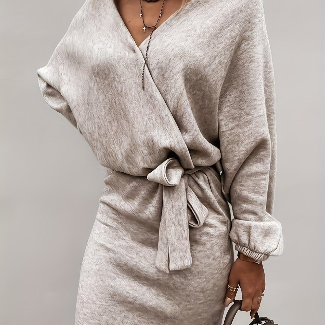Solid Surplice Neck Dress, Elegant Long Sleeve Bag Hip Dress, Women's Clothing