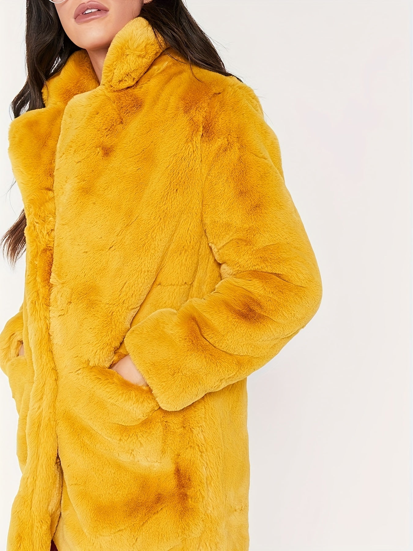 Plus Size Elegant Coat, Women's Plus Solid Teddy Fleece Button Up Long Sleeve Lapel Collar Coat