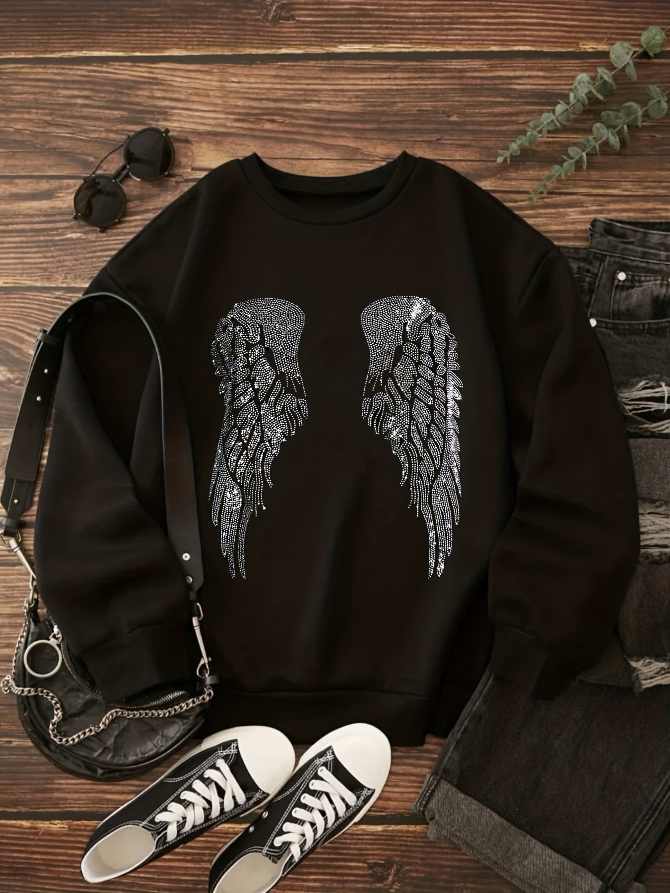 gbolsos Wing Rhinestone Sweatshirt, Casual Long Sleeve Crew Neck Sweatshirt For Fall & Winter, Women's Clothing