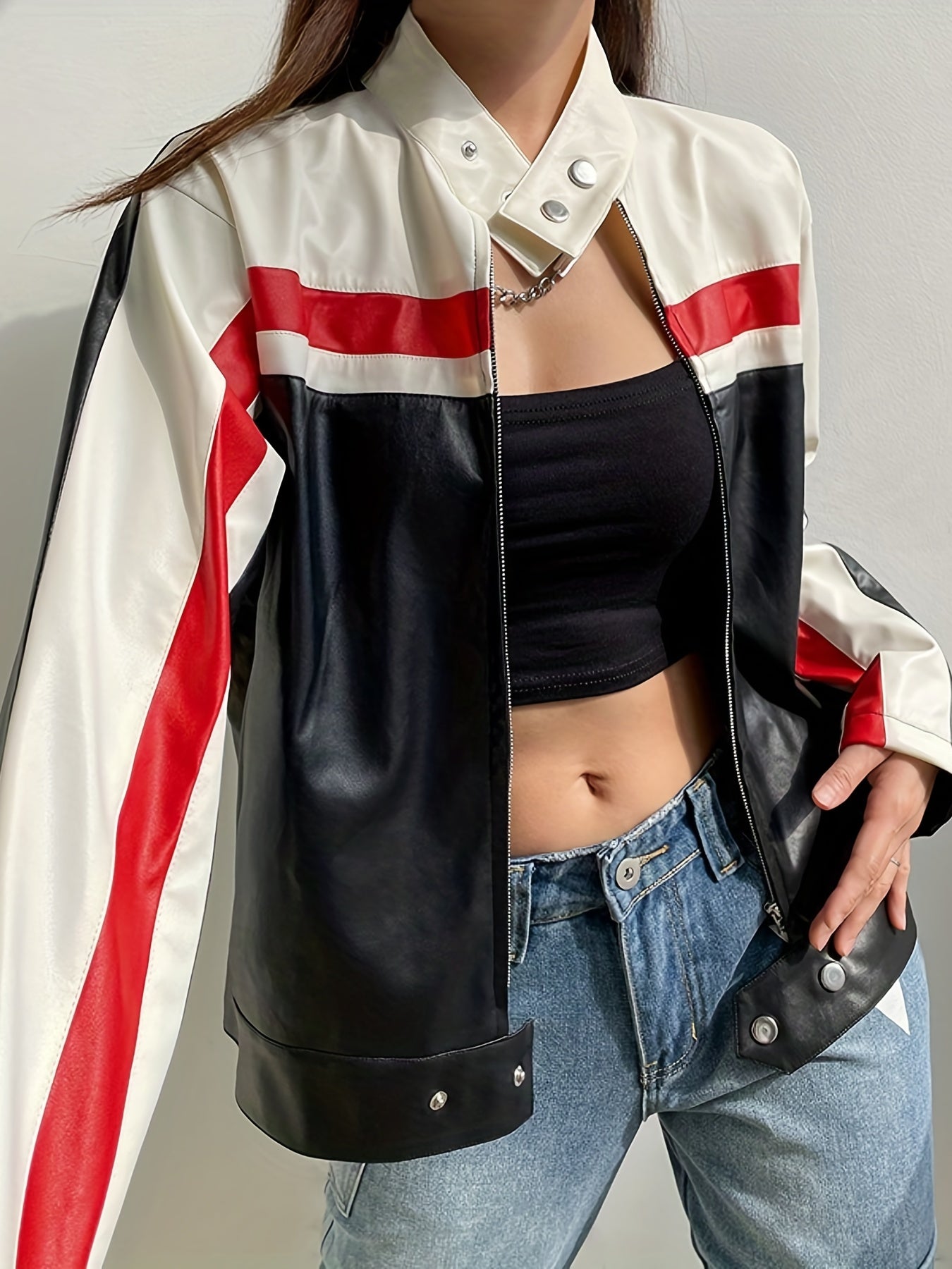 gbolsos Color Block Zip Up Jacket, Streetwear Long Sleeve Outerwear, Women's Clothing
