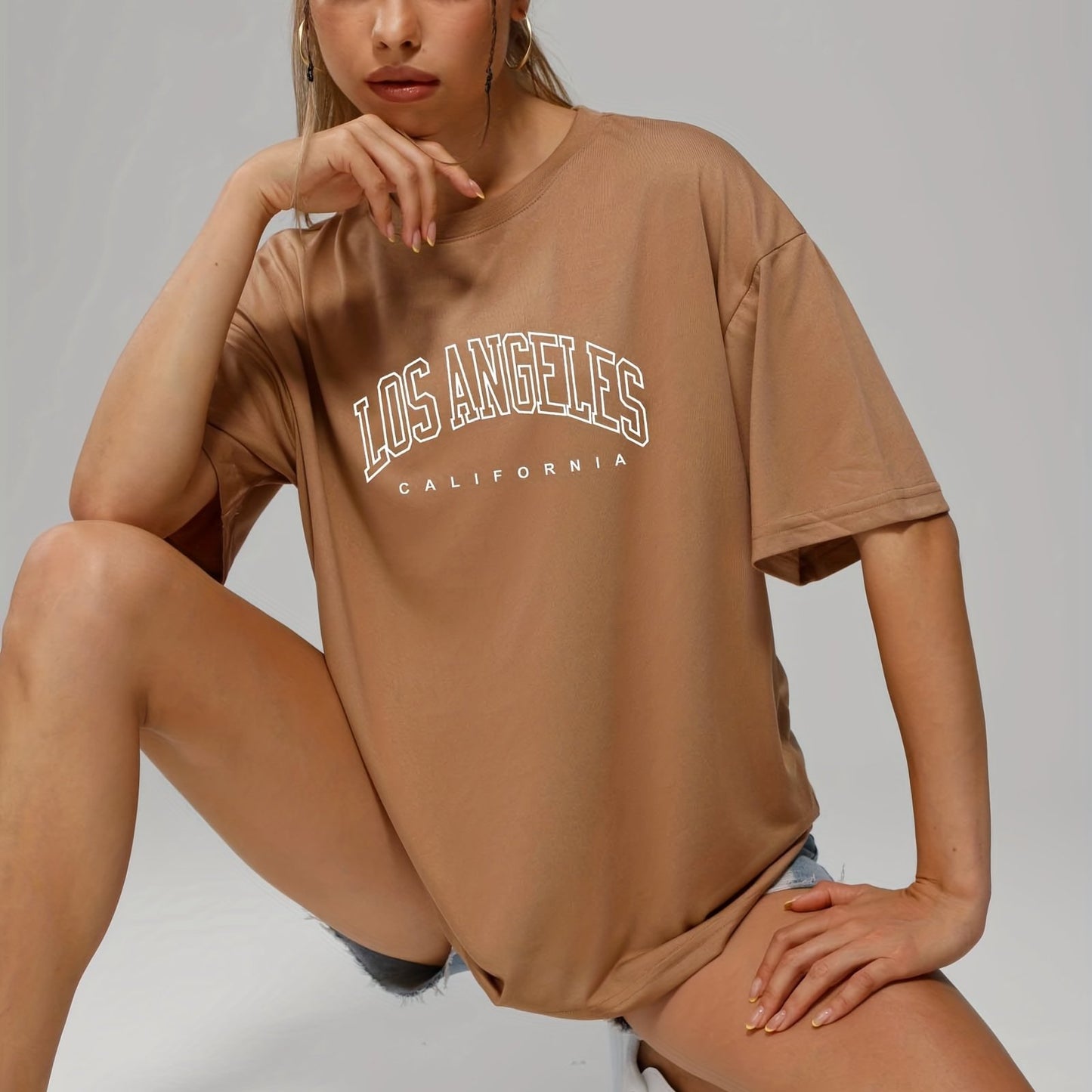 gbolsos Solid Color Letter Print Casual Sports T Shirt, Soft Crew Neck Short Sleeve Tee, Women's Clothing