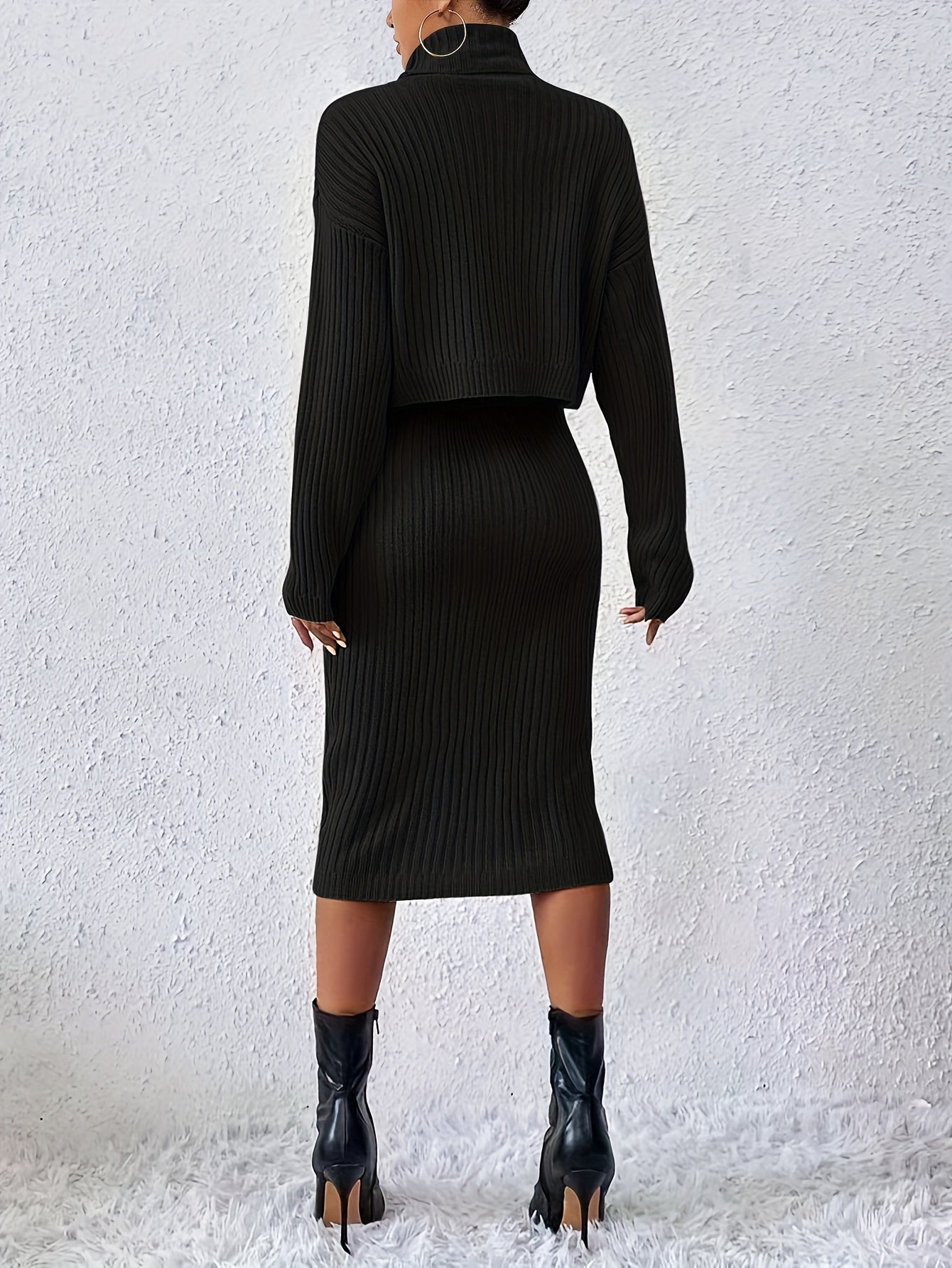 gbolsos Casual Sweater Two-piece Set, Turtleneck Long Sleeve Tops & Sleeveless Bodycon Dress Outfits, Women's Clothing