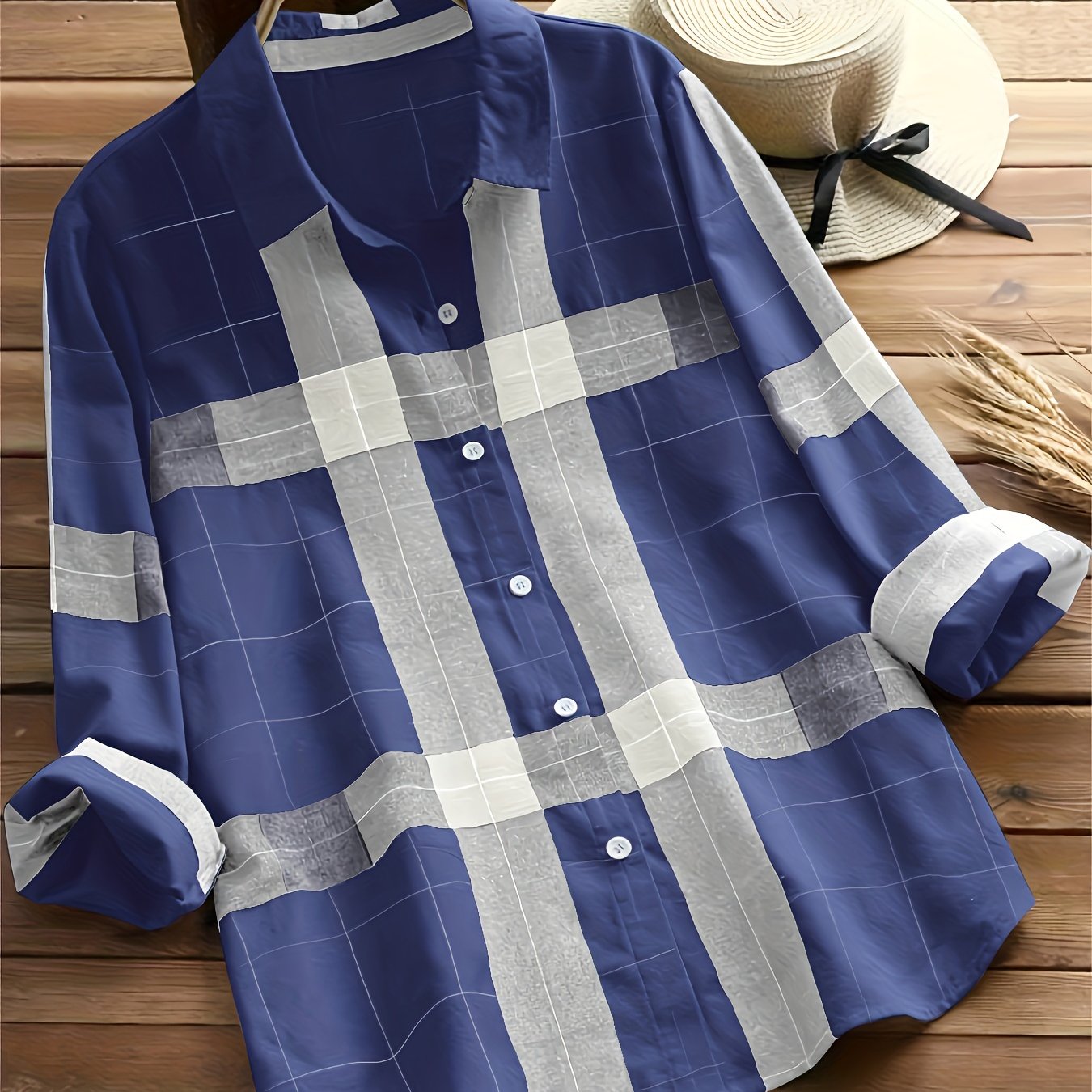 Plaid Print Shirt, Casual Button Front Long Sleeve Collar Shirt, Women's Clothing