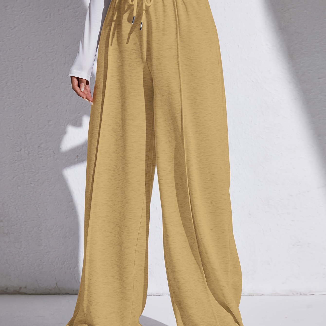 Solid Drawstring Elastic Waist Wide Leg Pants, Casual Loose Pants For Spring & Fall, Women's Clothing
