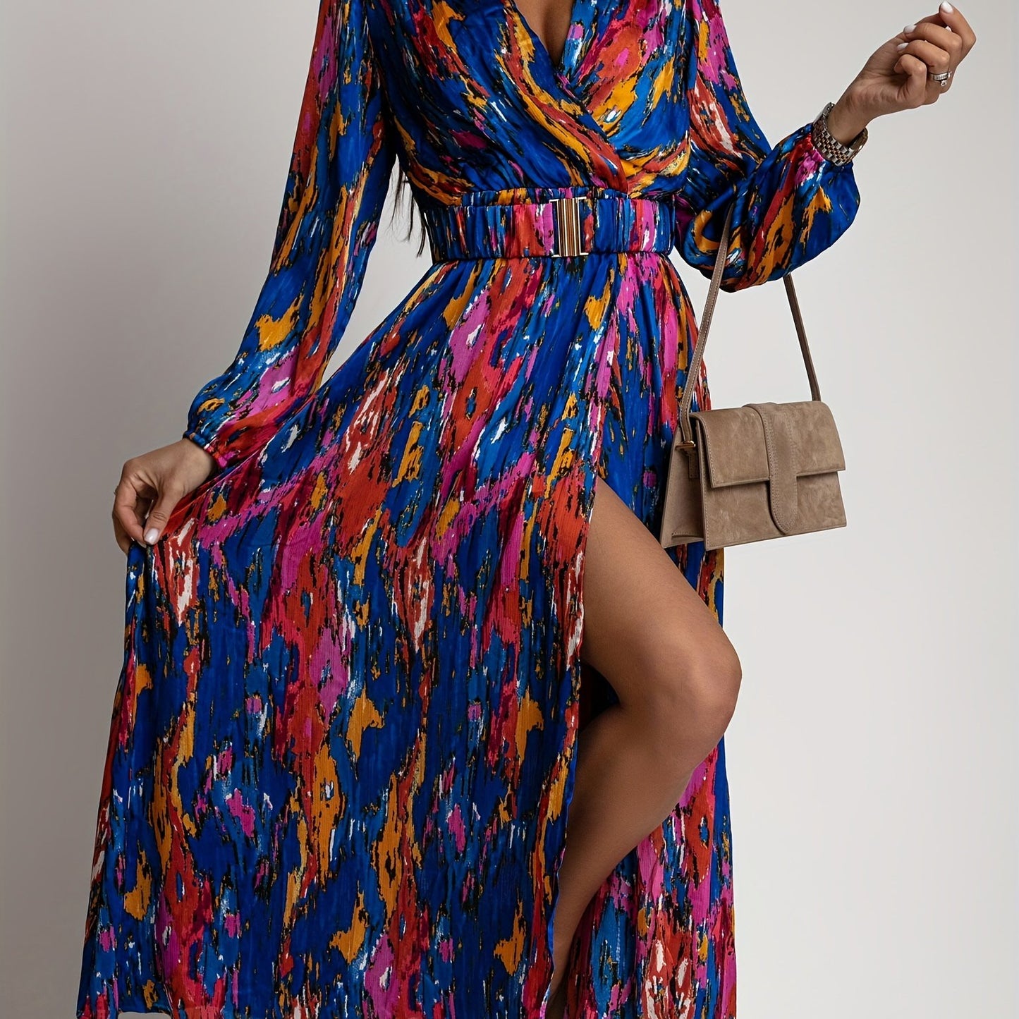gbolsos Full Printed Surplice Neck Dress, Boho Long Sleeve Maxi Dress, Women's Clothing