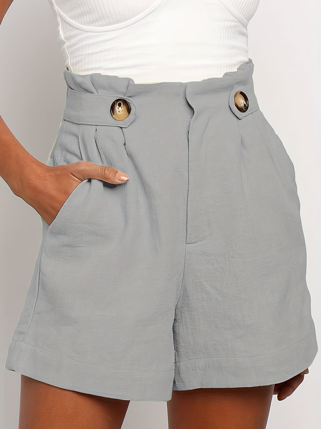 gbolsos Solid Wide Leg Shorts, Sexy High Waist Ruched Versatile Summer Shorts, Women's Clothing