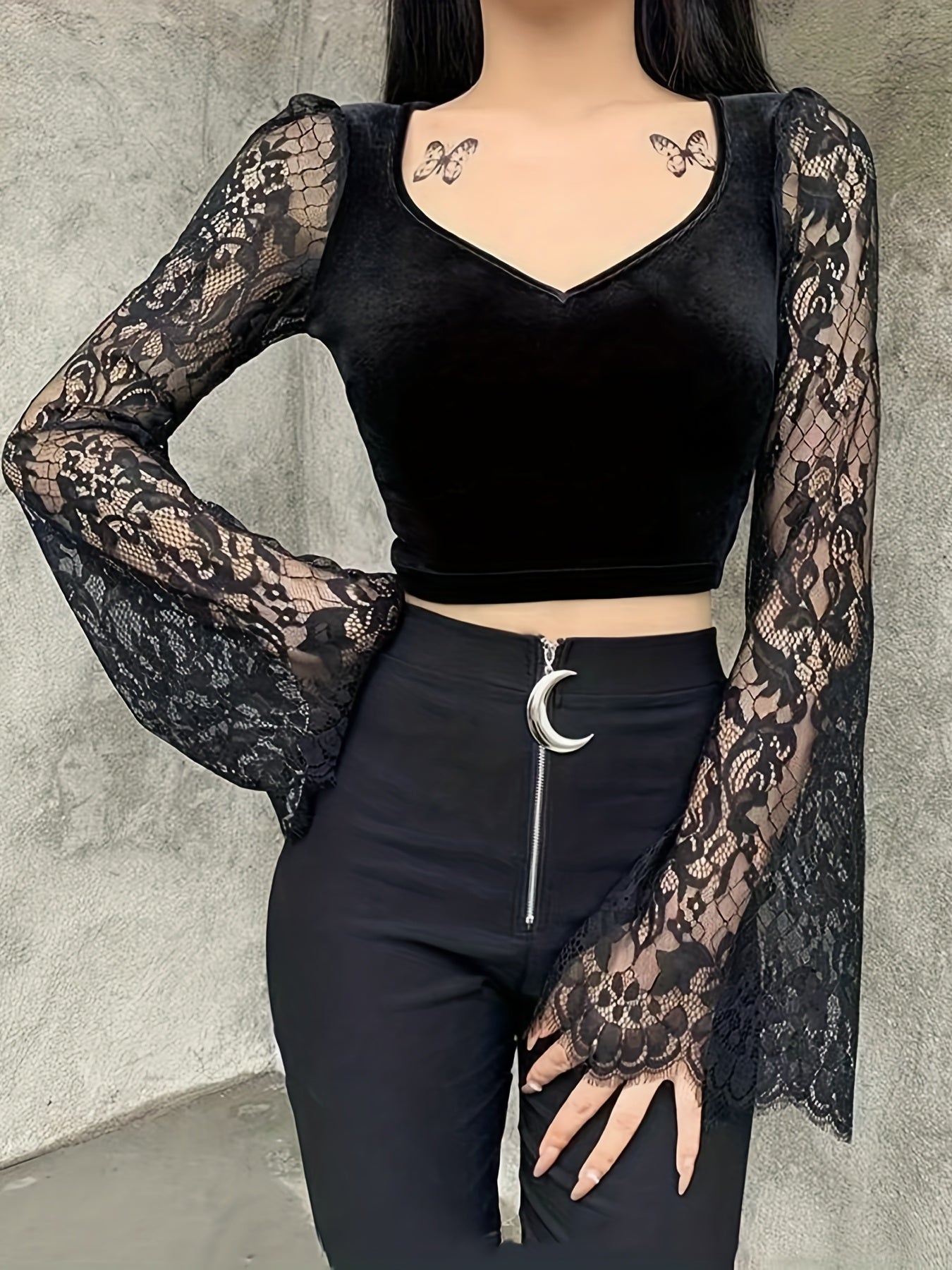 kkboxly Floral Lace Stitching V Neck T-Shirt, Casual Long Sleeve Top For Spring & Fall, Women's Clothing