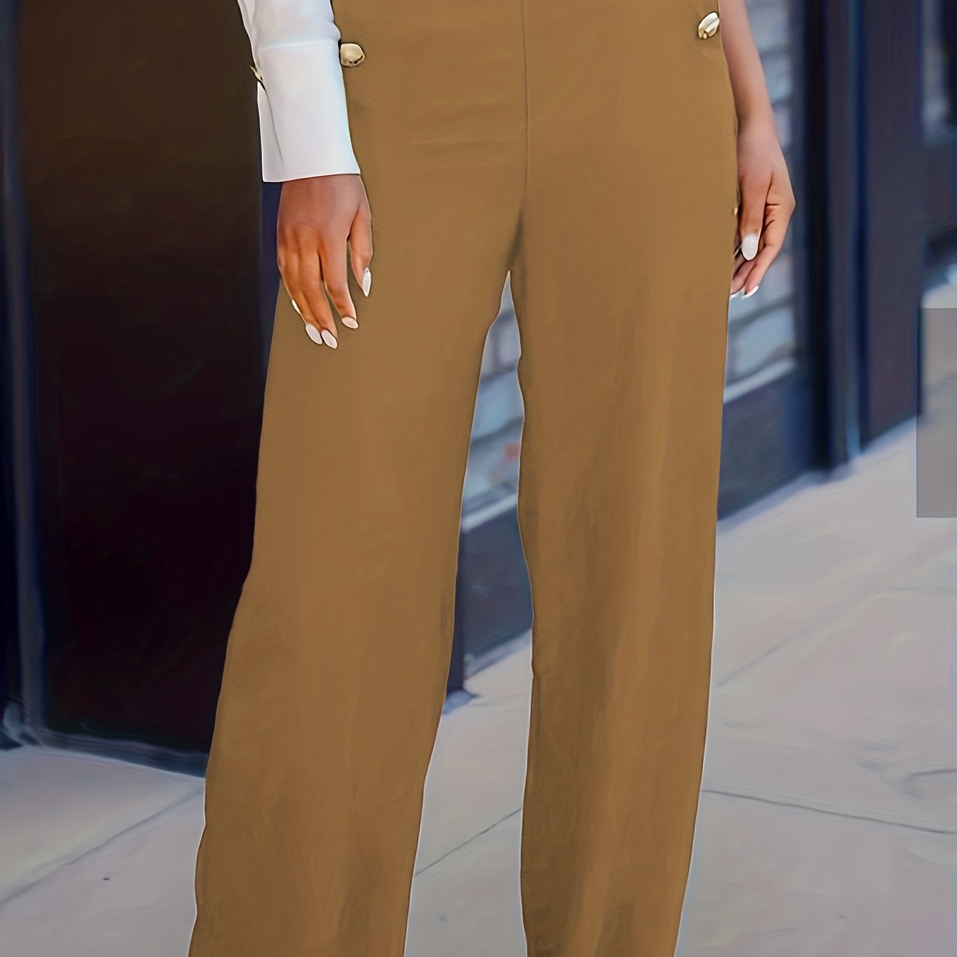 gbolsos Button Decor Waist Wide Leg Pants, Casual Loose Pants For Spring & Fall, Women's Clothing