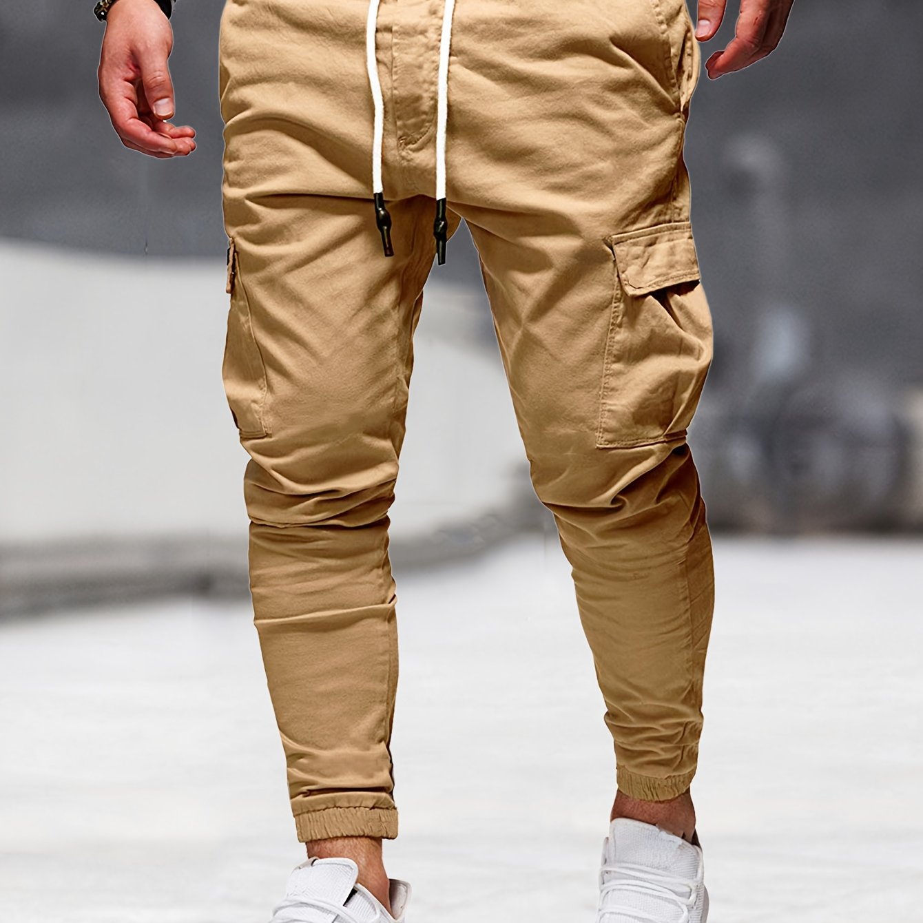 gbolsos Solid Multi Flap Pockets Men's Drawstring Cargo Pants, Slim Fit Elastic Casual Outdoor Pants, Men's Work Pants
