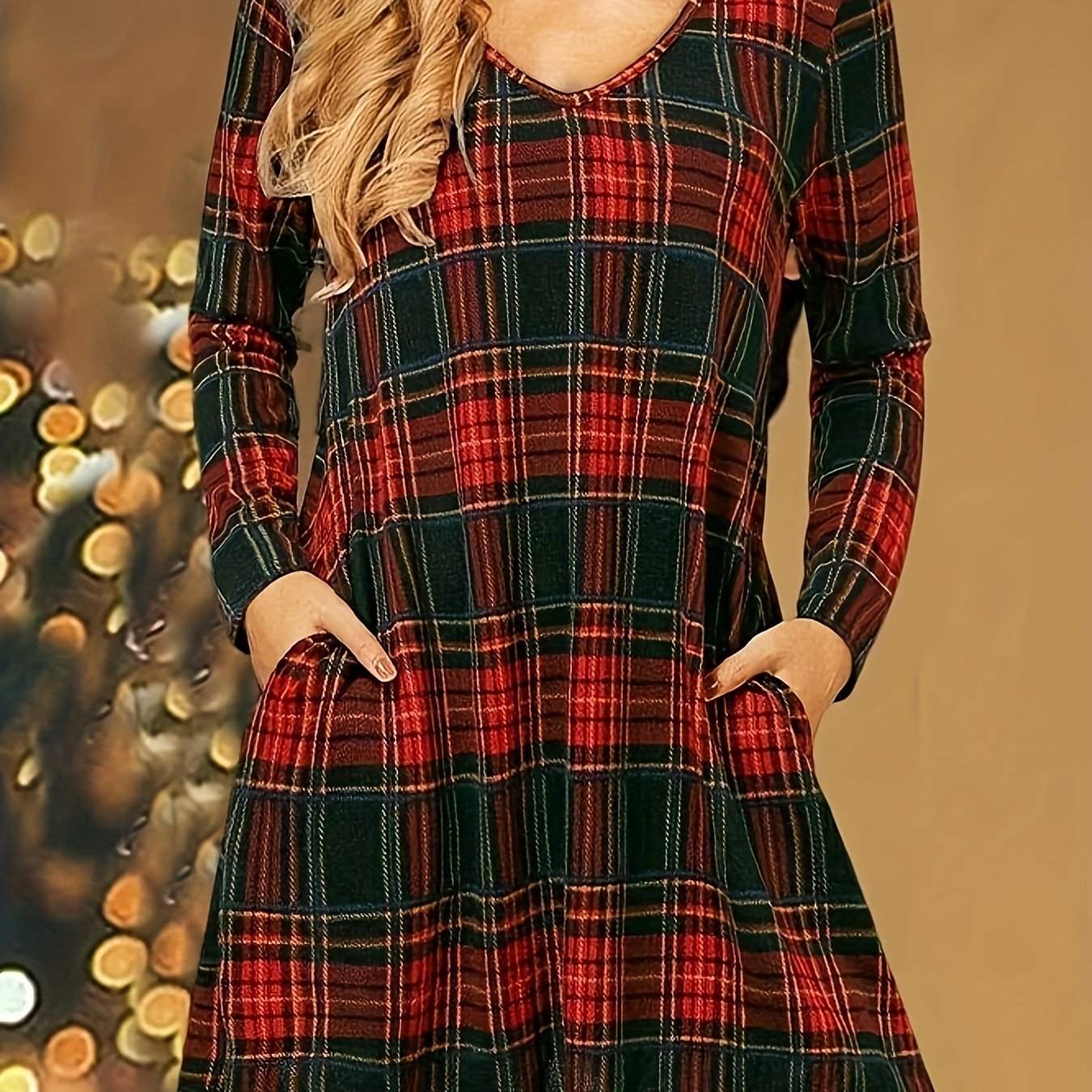 gbolsos Plaid V Neck Dress, Casual Long Sleeve Dress, Women's Clothing