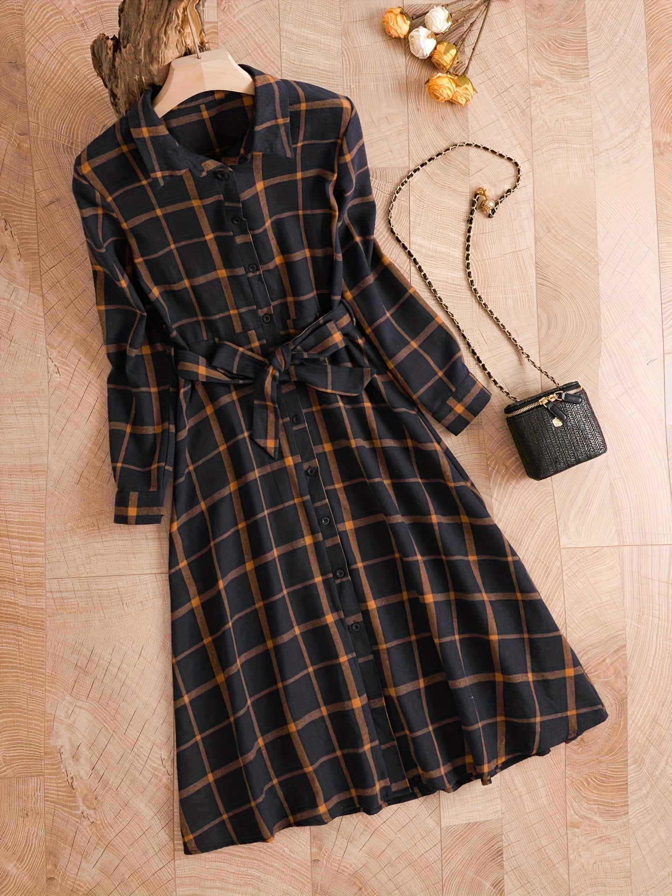 gbolsos Plaid Print Button Front Dress, Elegant Long Sleeve Dress, Women's Clothing