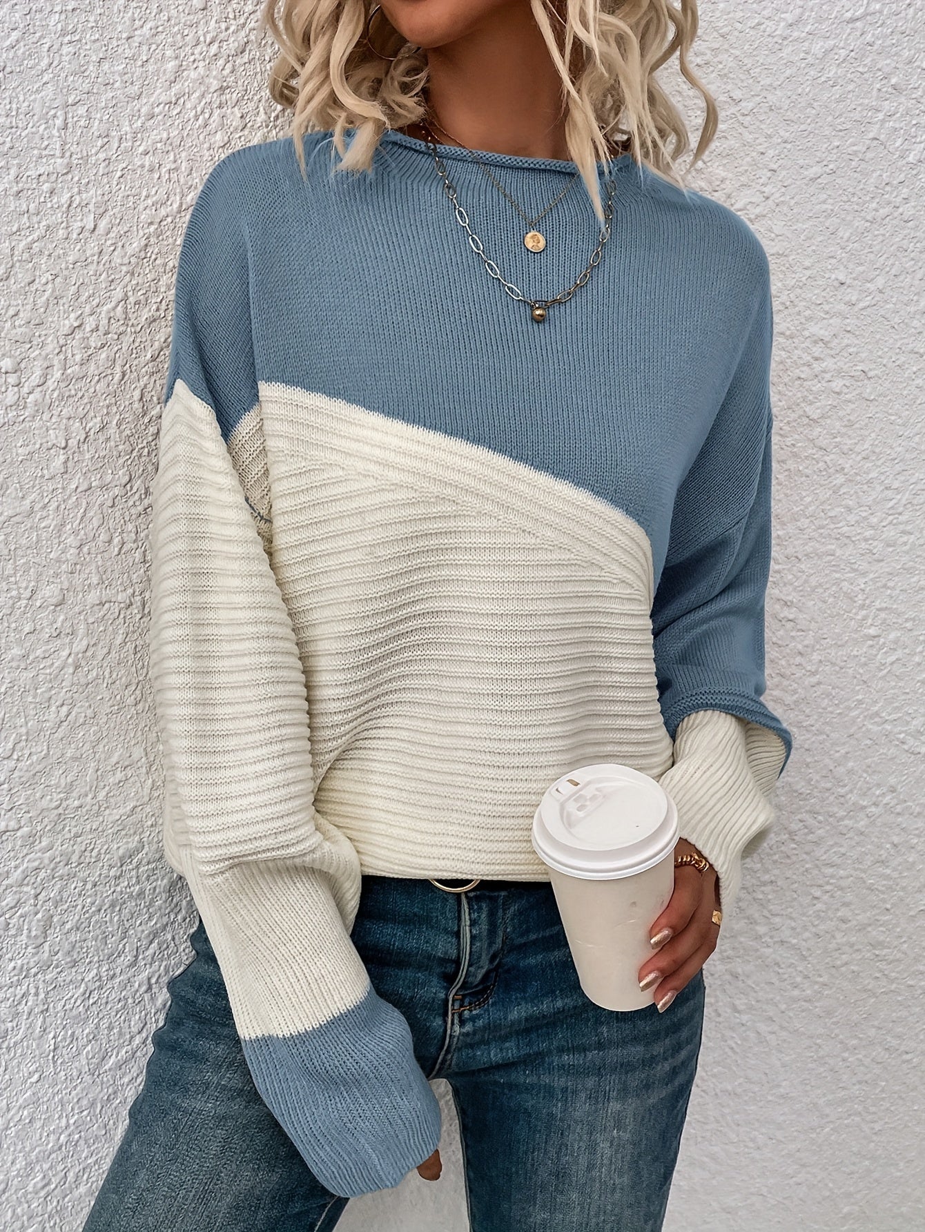 gbolsos Color Block Loose Pullover Sweater, Elegant Long Sleeve Drop Shoulder Sweater, Women's Clothing