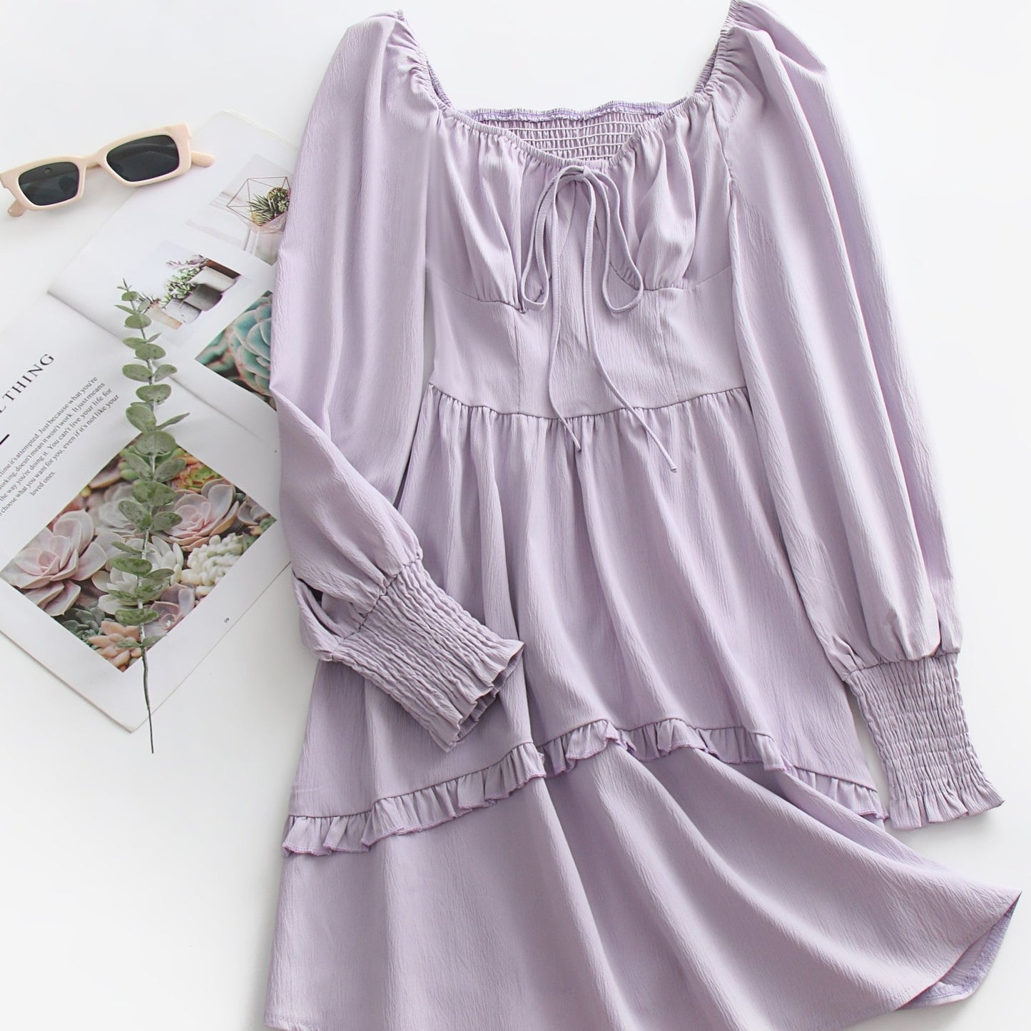 Solid Shirred Tie Front Dress, Casual Long Sleeve Dress For Spring, Women's Clothing