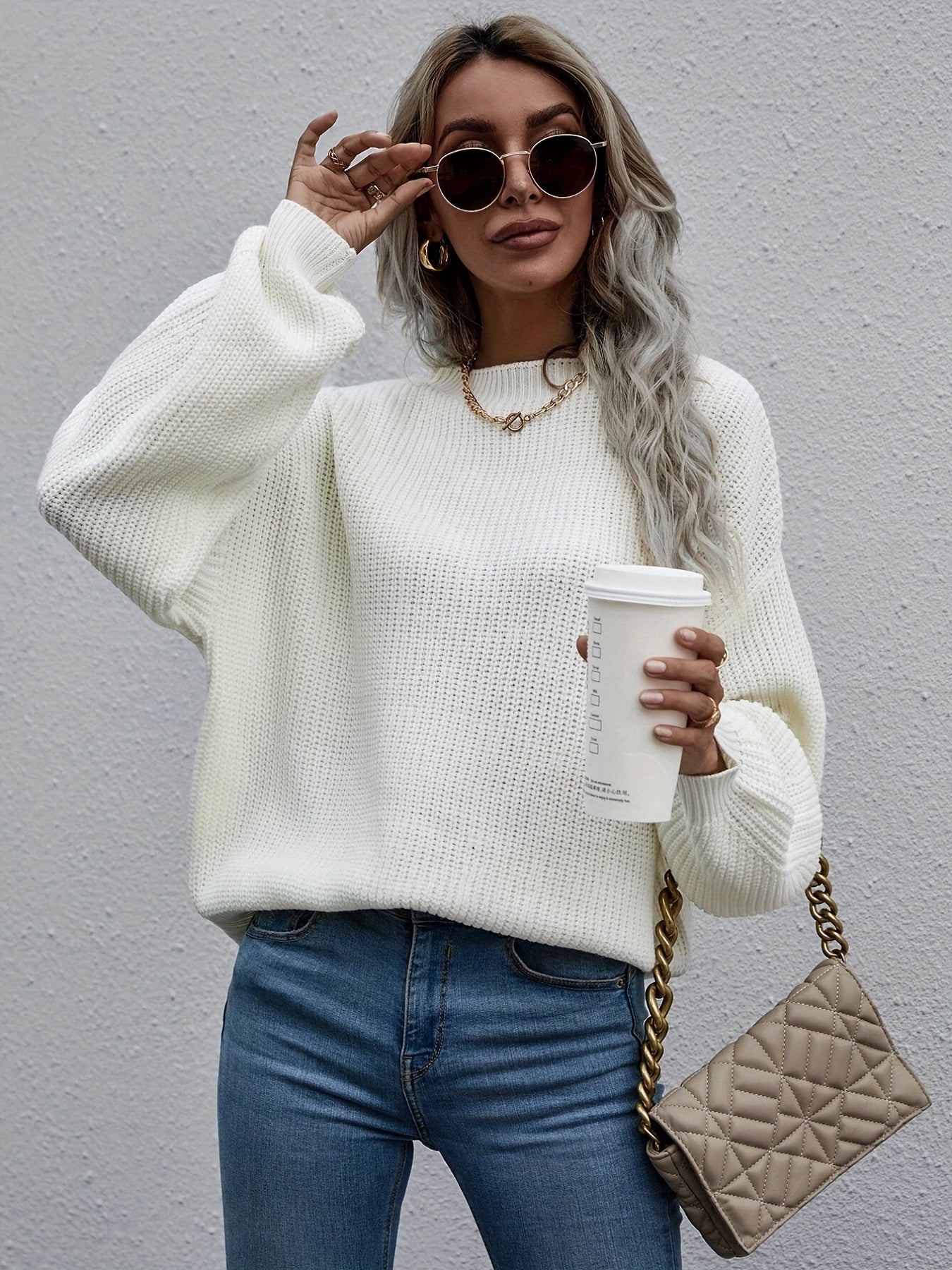 Solid Crew Neck Pullover Sweater, Casual Long Sleeve Sweater For Fall & Winter, Women's Clothing