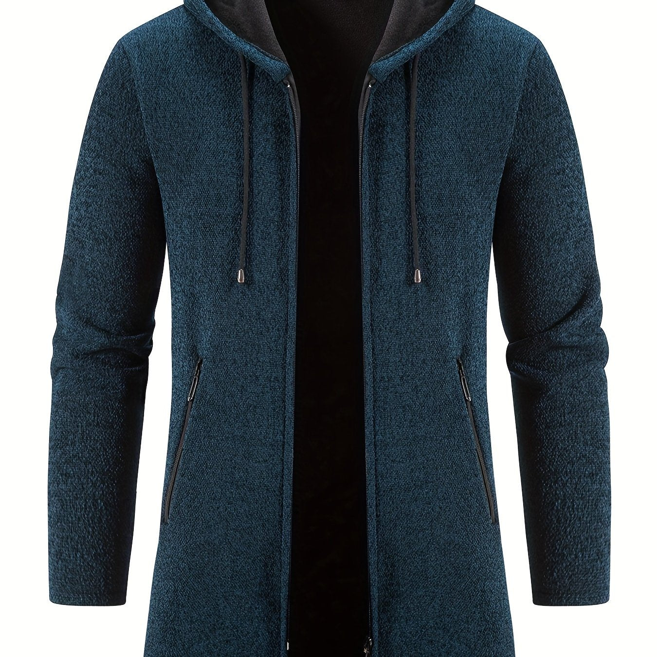 gbolsos Warm Mid-length Hooded Fleece Coat, Men's Comfortable Solid Color Zip Up Knitted Cardigan For Spring Fall