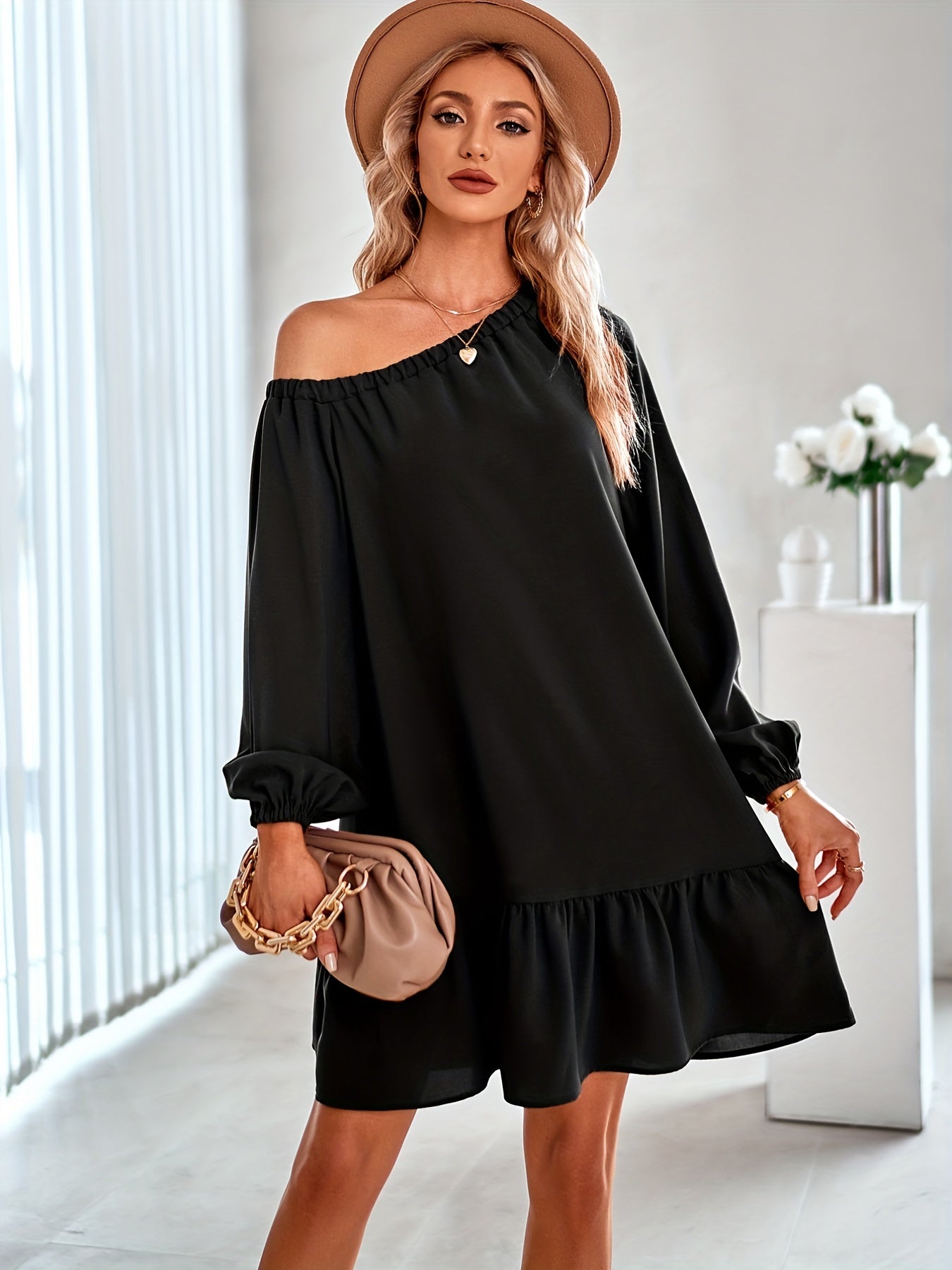Ruffle Trim Slanted Shoulder Dress, Casual Solid Long Sleeve Dress, Women's Clothing
