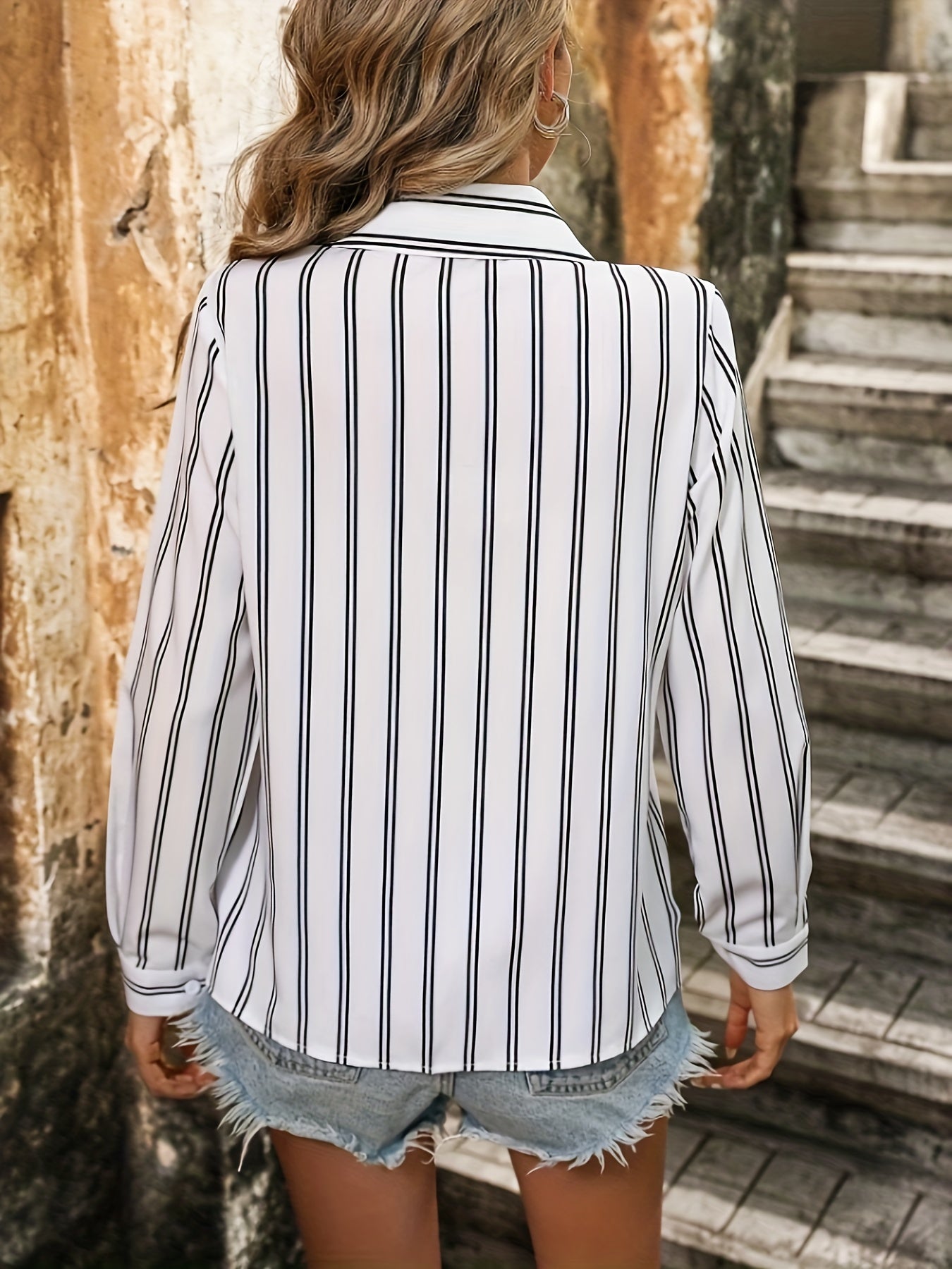 Striped Print Button Front Shirt, Casual Cuff Sleeve Shirt For Spring & Fall, Women's Clothing