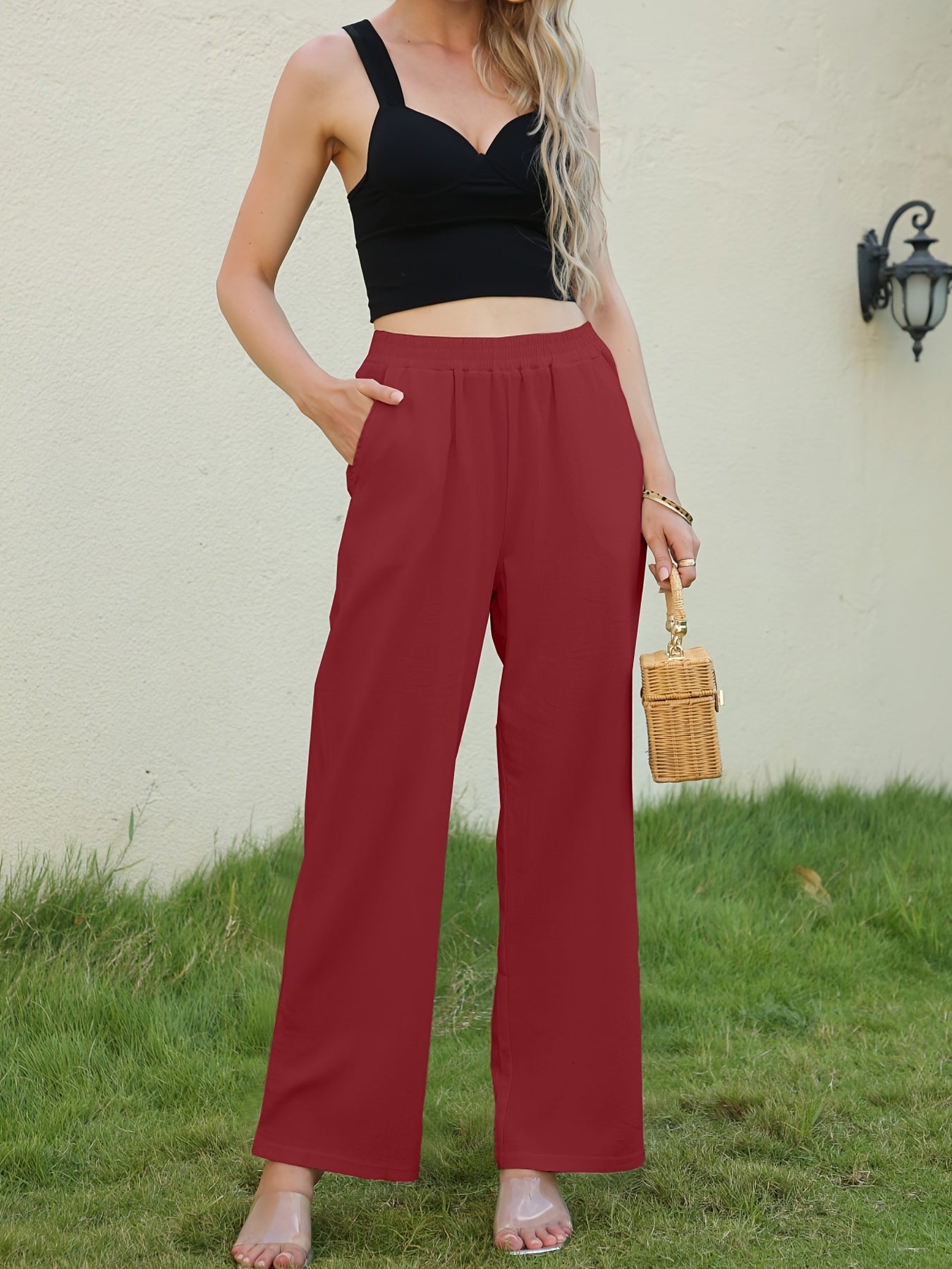 gbolsos Solid Wide Leg Elastic Waist Pants, Casual Dual Pockets Loose Pants, Women's Clothing