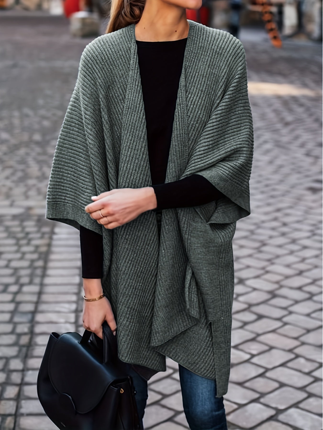gbolsos Plus Size Retro Cardigan, Women's Plus Solid Ribbed Bat Sleeve Medium Stretch Cardigan