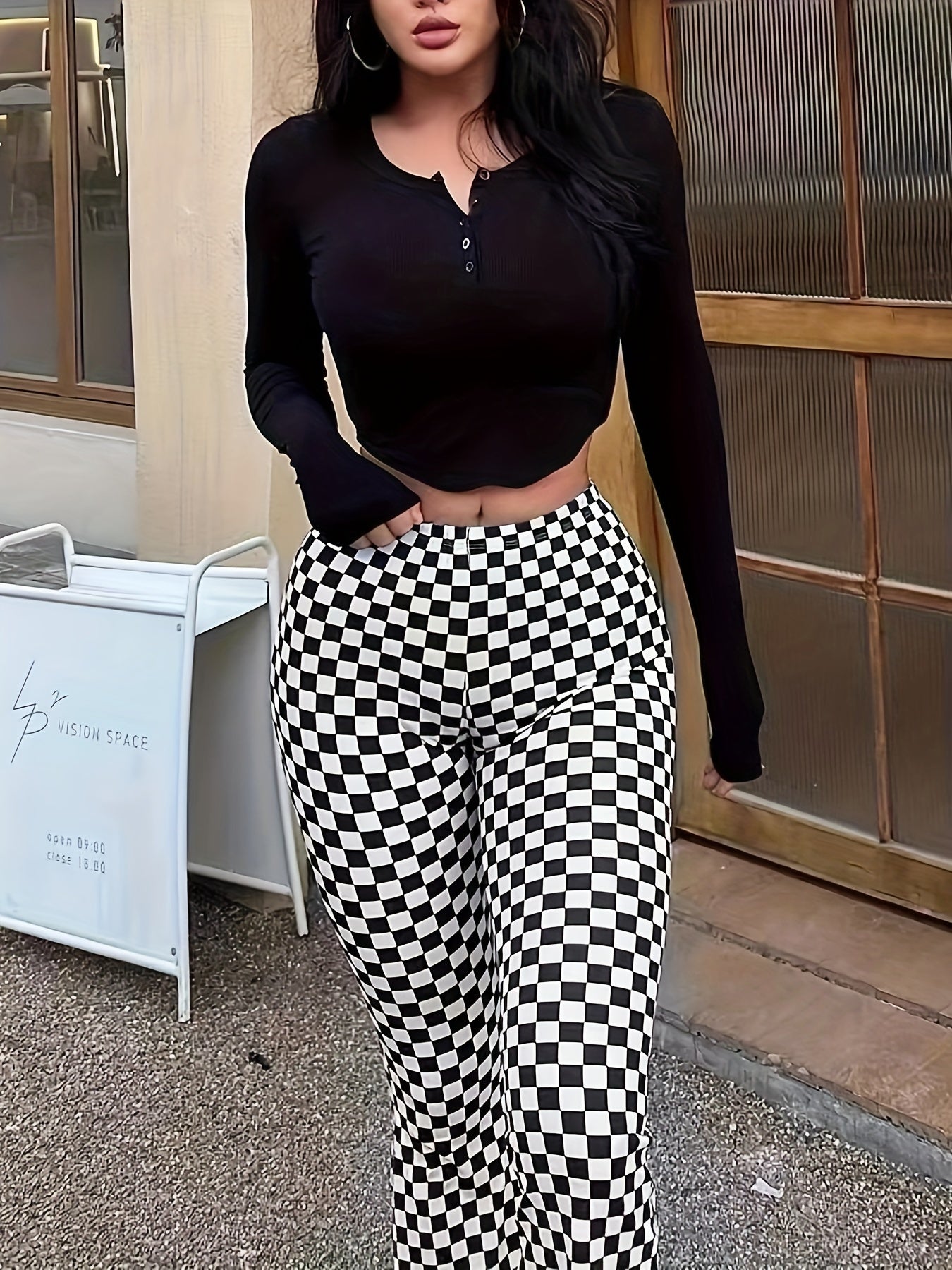 gbolsos Checkerboard Print Flare Leg Pants, Casual High Waist Pants, Women's Clothing