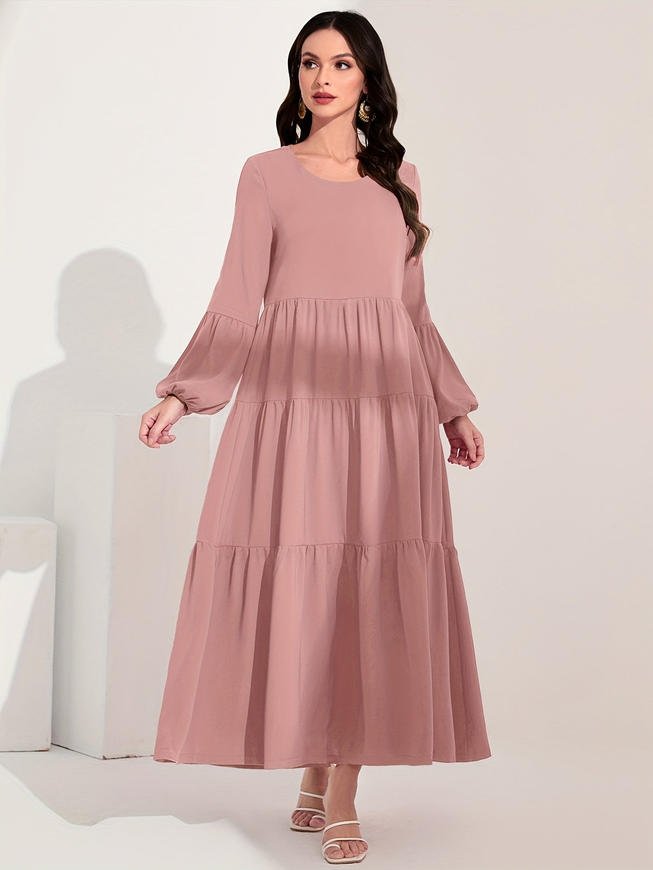 Ruched Lantern Sleeve Dress, Casual Crew Neck Solid Maxi Dress, Women's Clothing