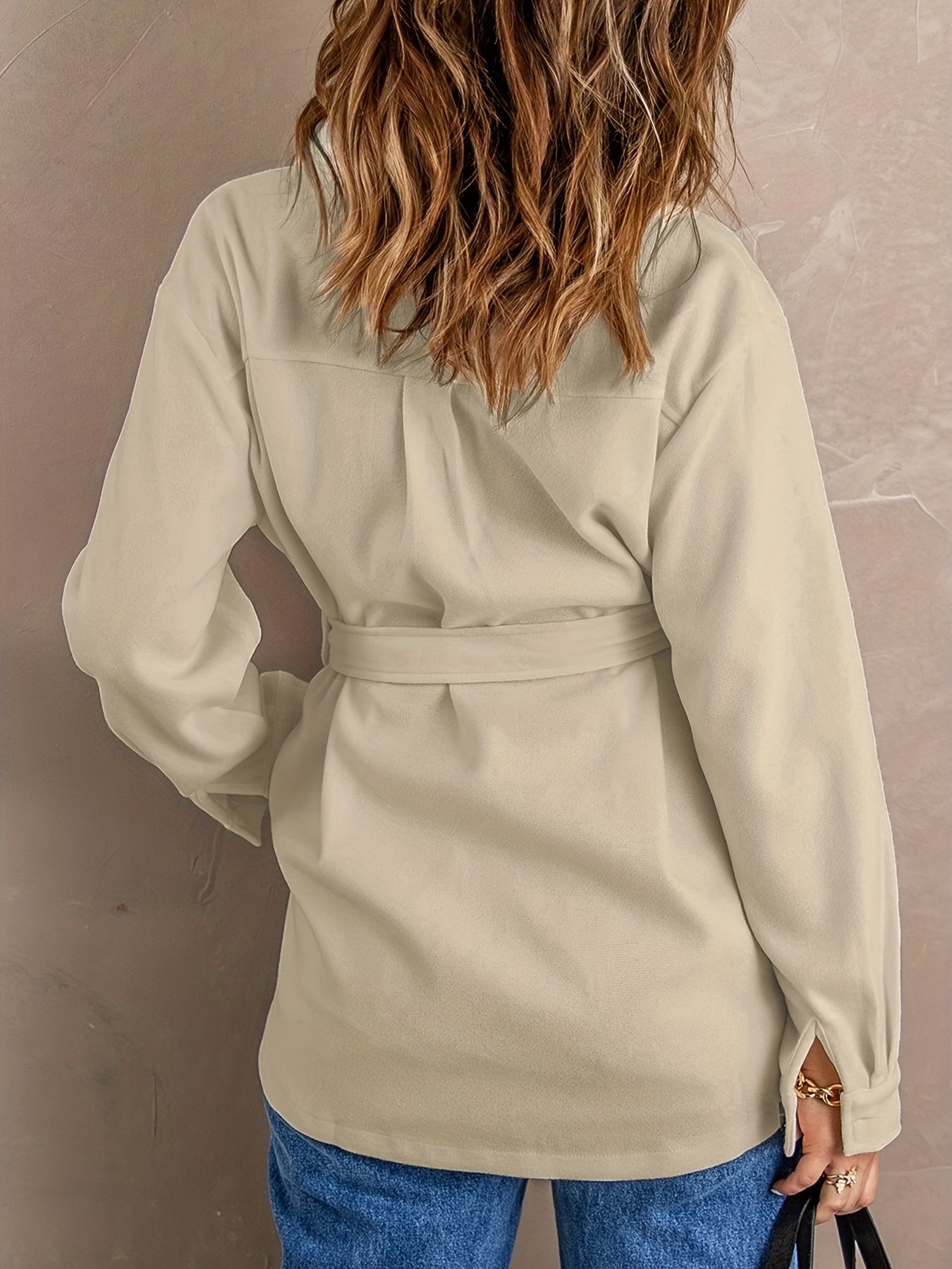 Plus Size Casual Coat, Women's Plus Solid Button Up Long Sleeve Turn Down Collar Shacket With Belt