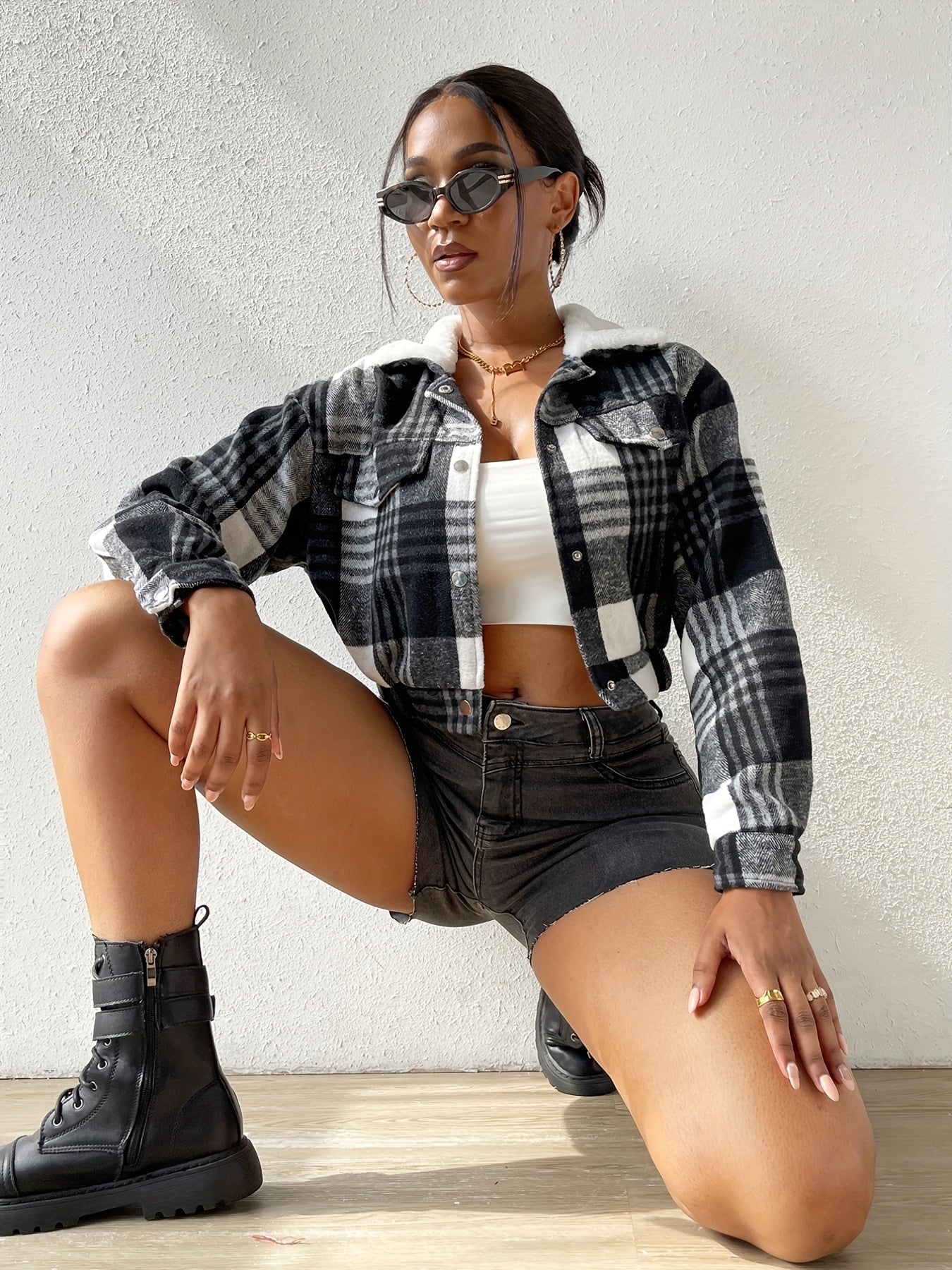 gbolsos Button Plaid Faux Fur Collar Jacket, Casual Long Sleeve Crop Jacket For Fall & Winter, Women's Clothing