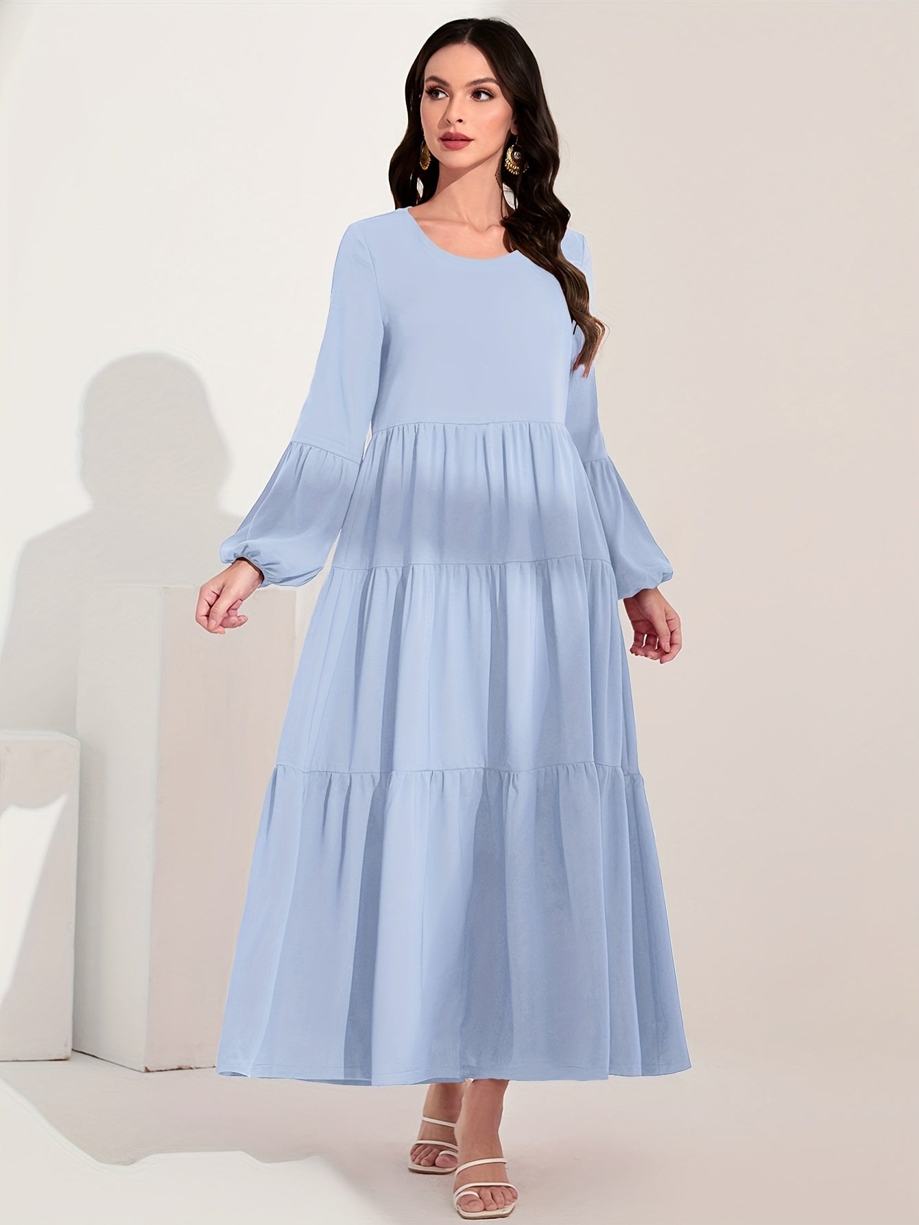Ruched Lantern Sleeve Dress, Casual Crew Neck Solid Maxi Dress, Women's Clothing
