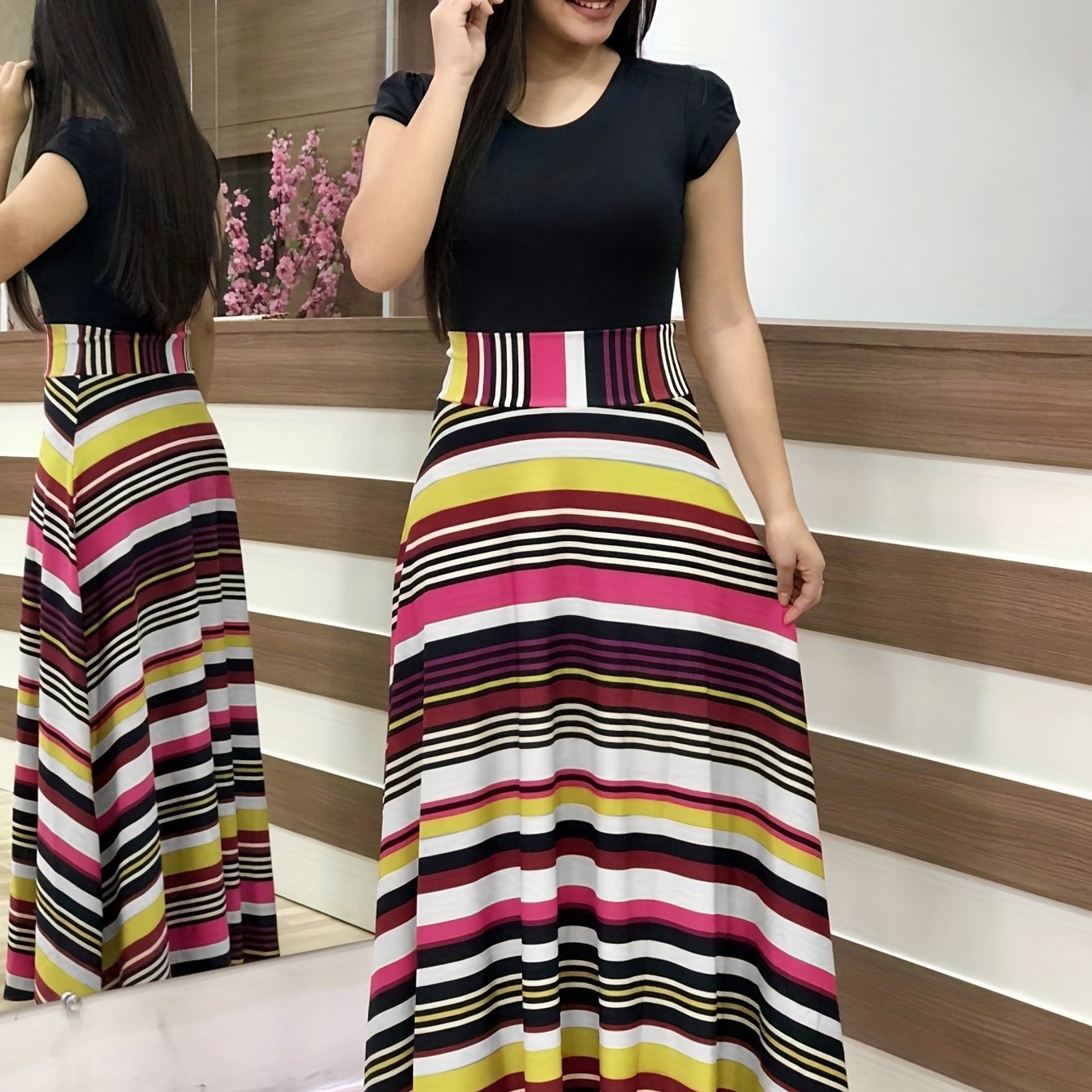 gbolsos Floral Print Splicing Dress, Elegant Crew Neck Short Sleeve Pleated Maxi Dress, Women's Clothing