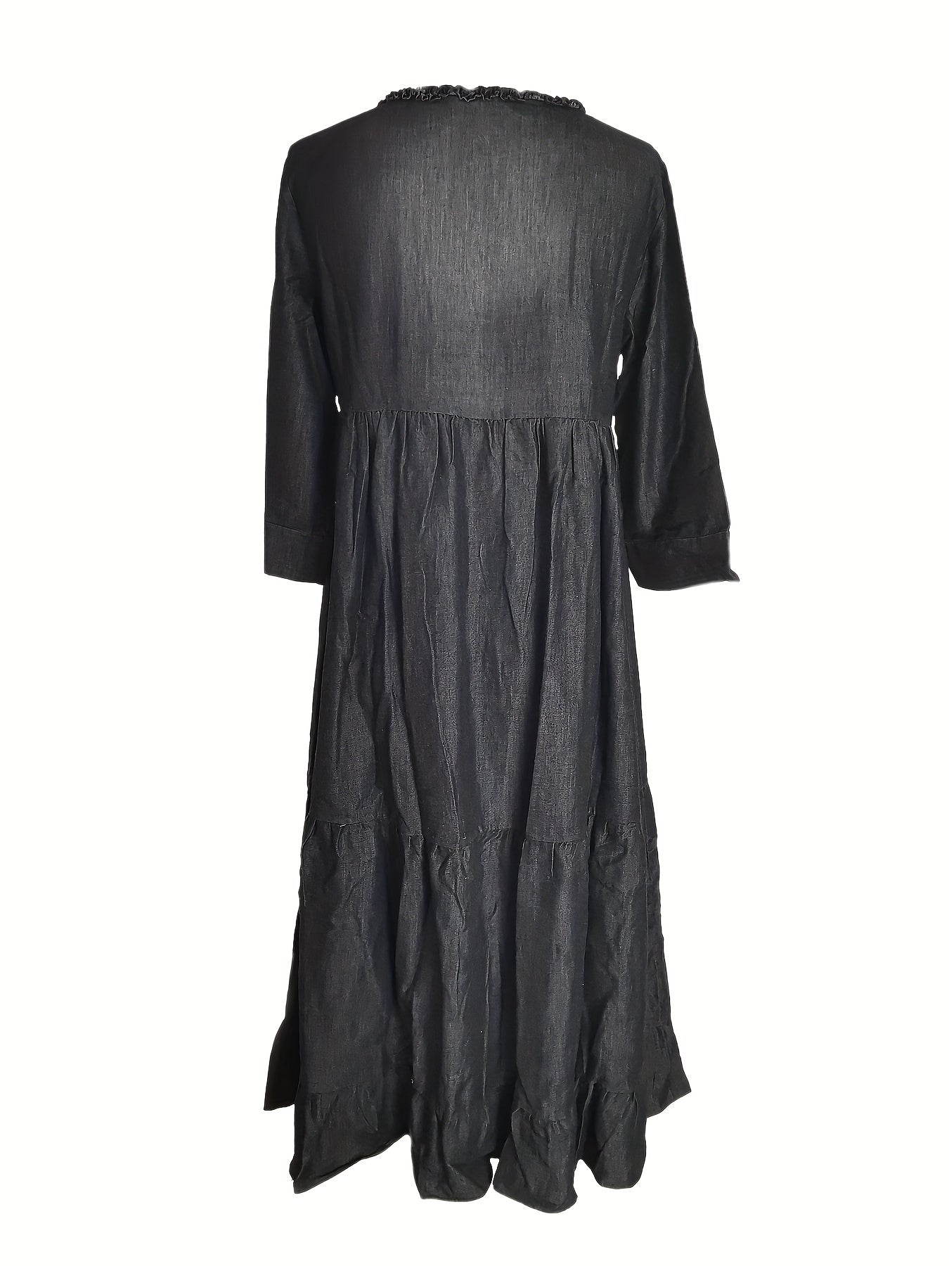 gbolsos Blue Long Sleeves Denim Dress, Loose Fit Lettuce Trim V Neck Ruffle Denim Dress, Women's Denim Clothing