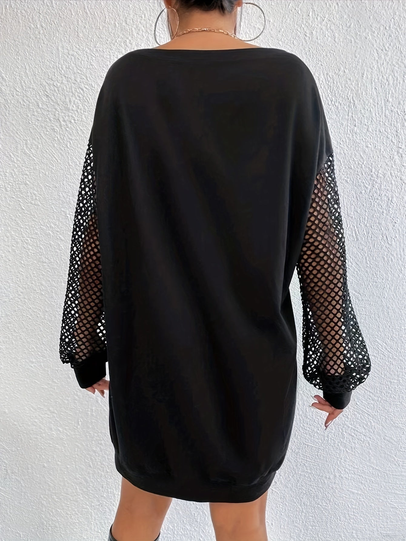 gbolsos Contrast Mesh Solid Dress, Elegant Crew Neck Long Sleeve Dress, Women's Clothing